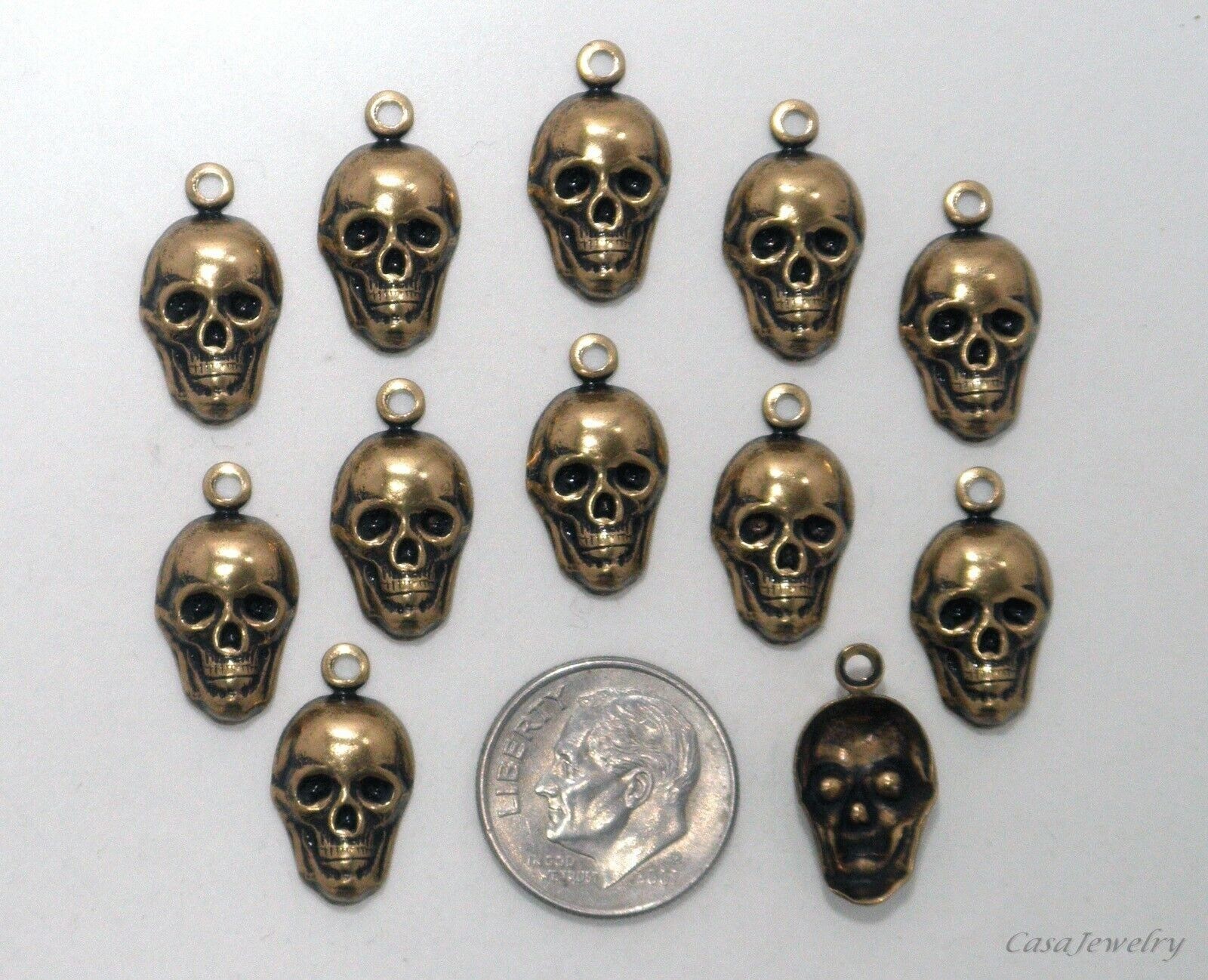 #0288 SMALL ANTIQUED GOLD SKULL W/TOP HANG RING - 12 Pc Lot