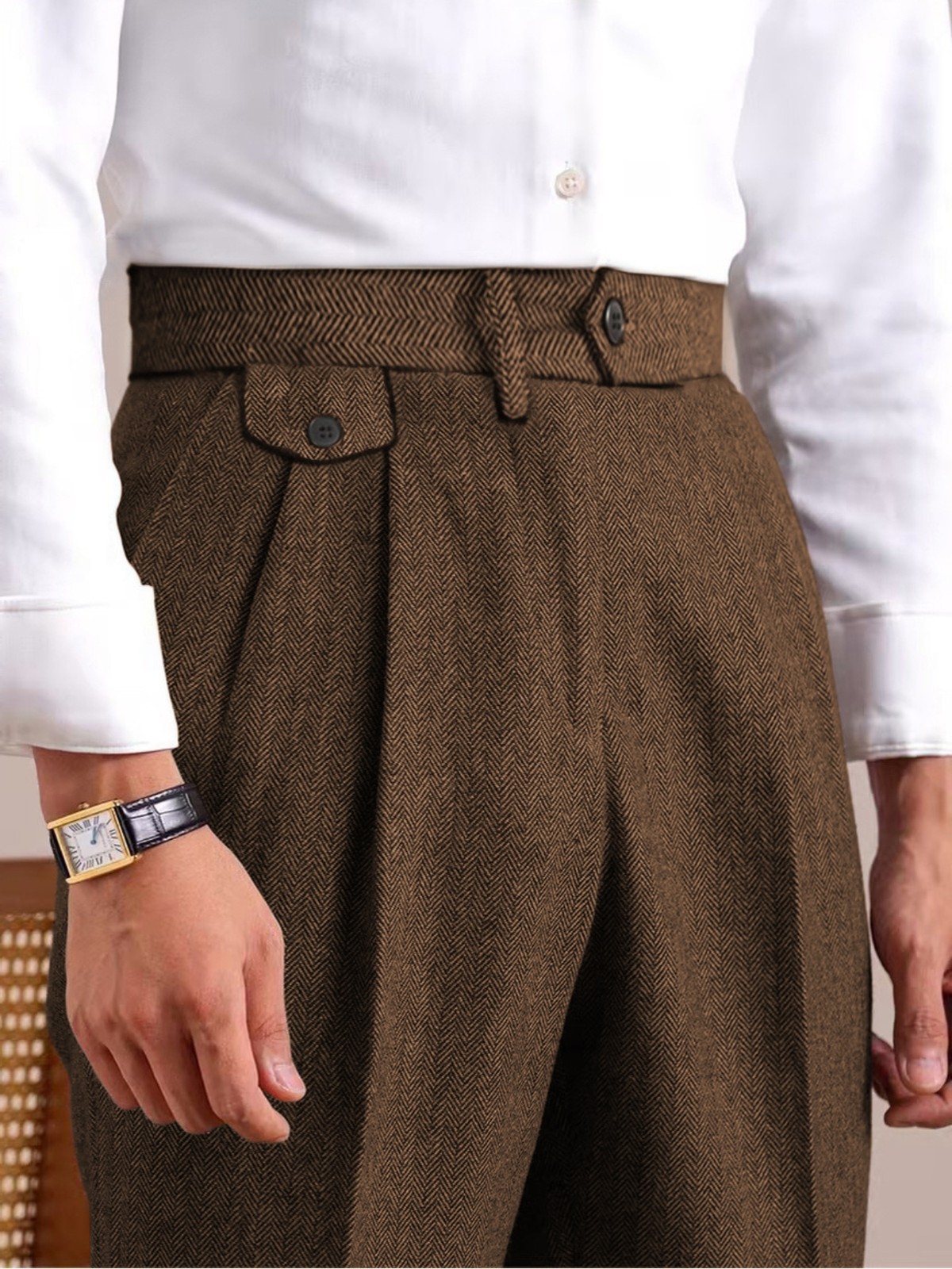 Mens Tweed Dress Pants Vintage Retro Herringbone Adjustable Waist Trousers 28-42
