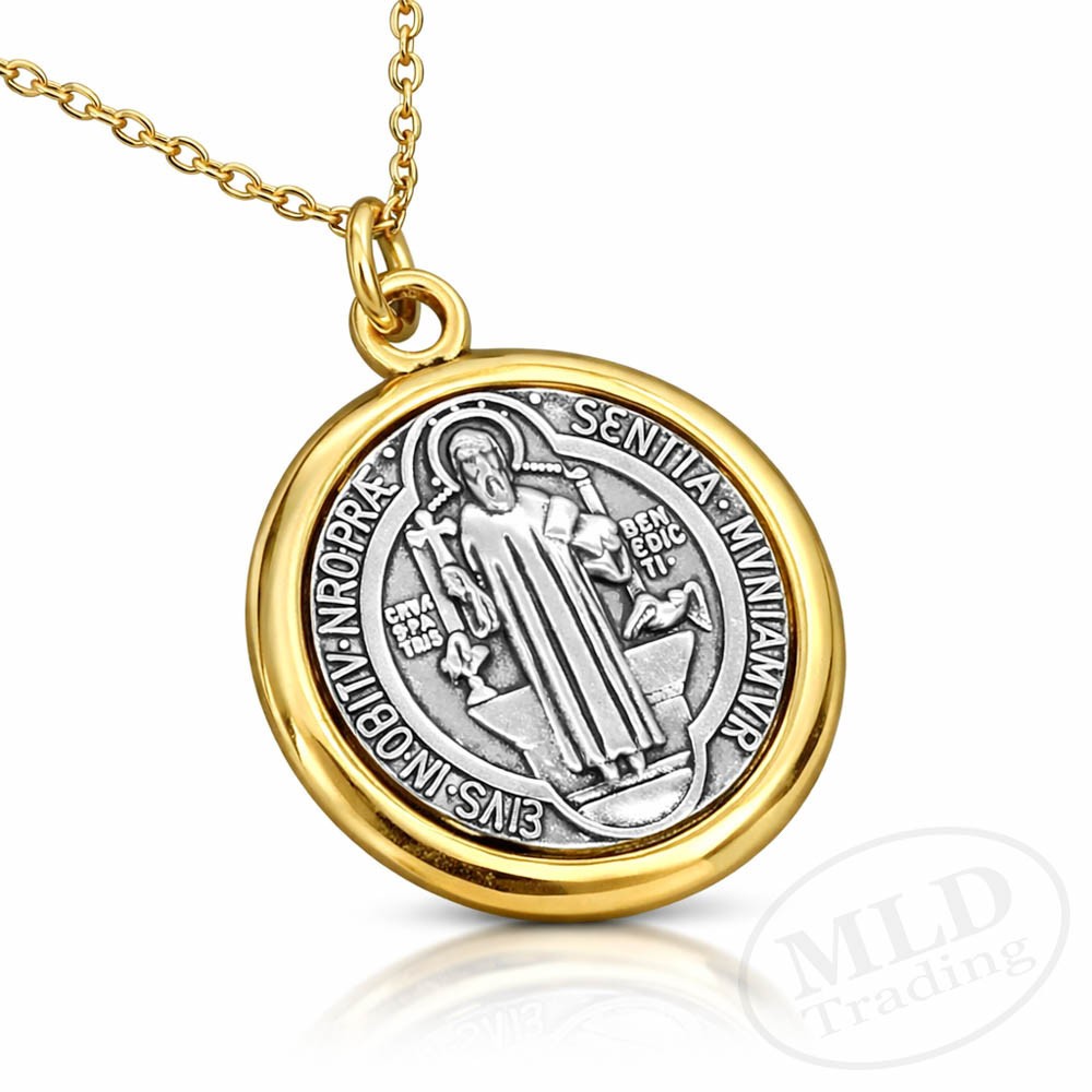 Saint St Benedict Medal Pendant Necklace – Gold Tone Border – 18”+2” Link Chain