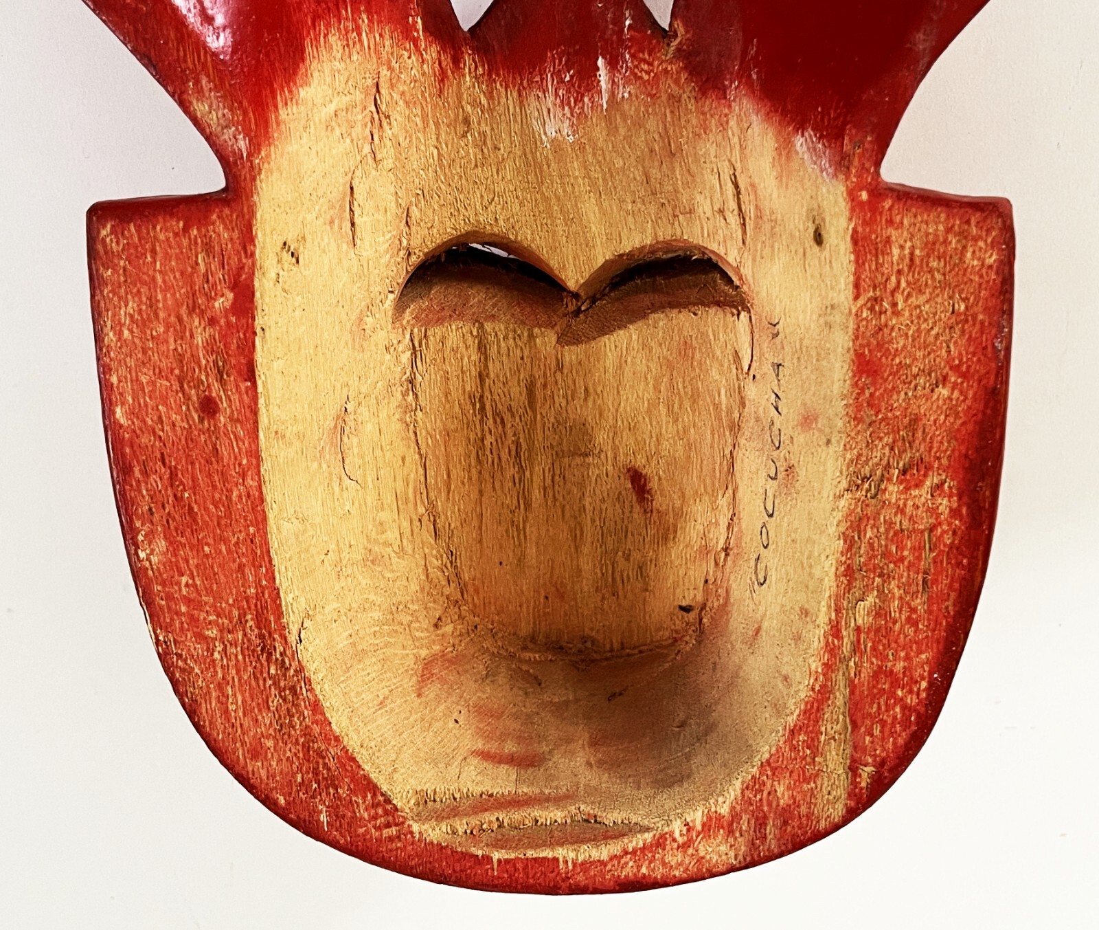 VICTORIANO SALGADO MEXICAN MICHOACAN URUAPAN WOOD MAQUE LACQUER RED COCUCHA MASK