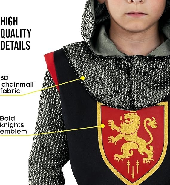 Kids Medieval Knight Costume + Crown Boys Warrior Lord Chainmail King 4-14 yrs