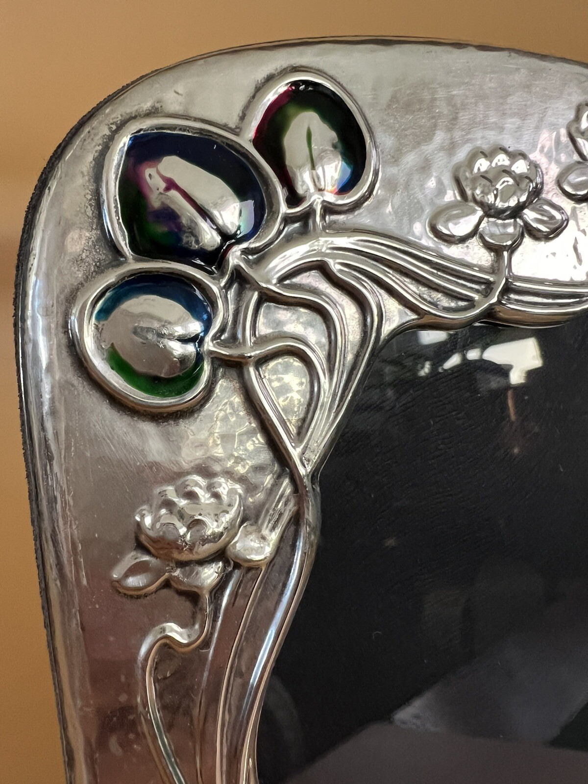 English Hammered Sterling & Enamel Art Nouveau Style Photo Frame