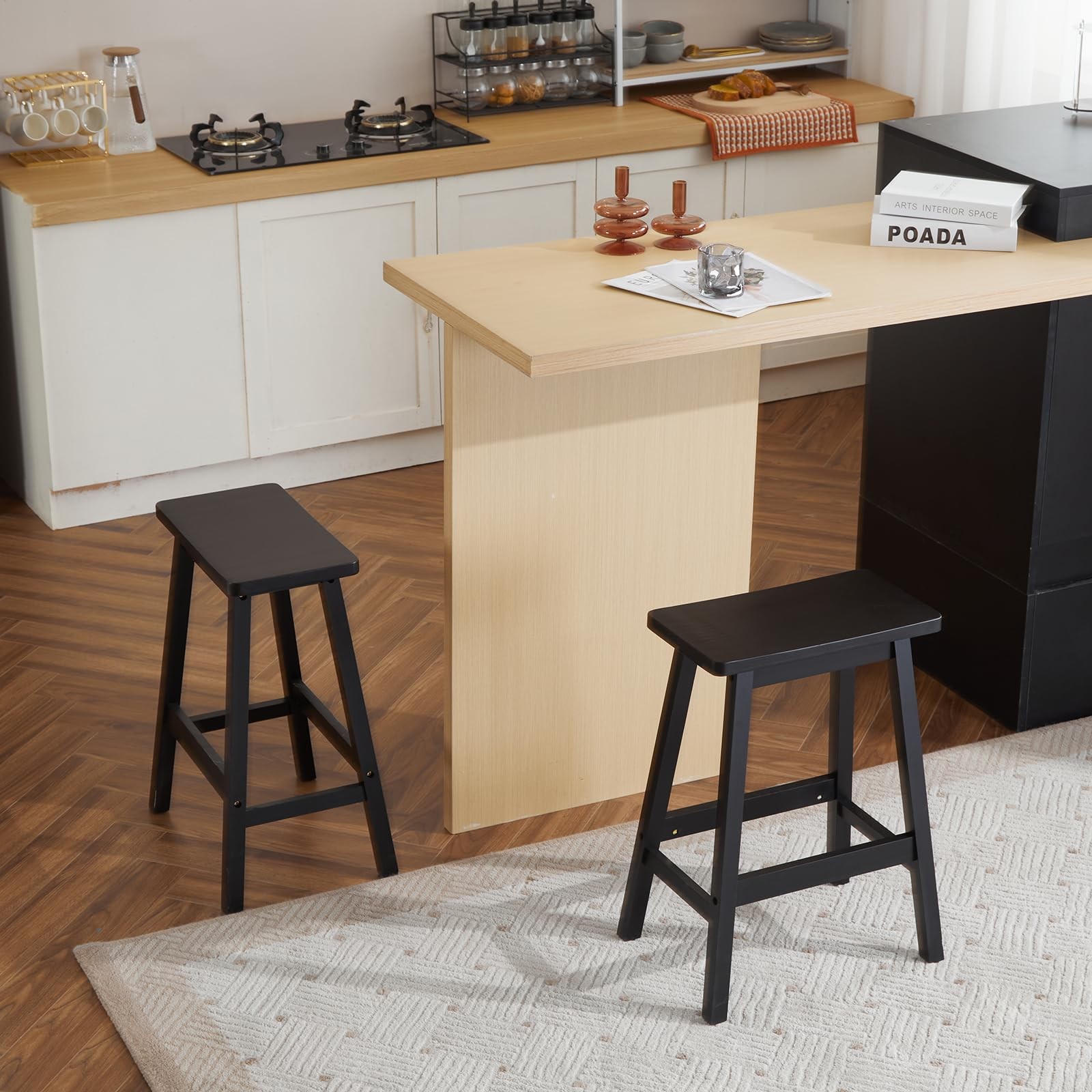 Counter Height Bar Stools Set of 2, Solid Wood Saddle-Seat, Stools for Kitchen