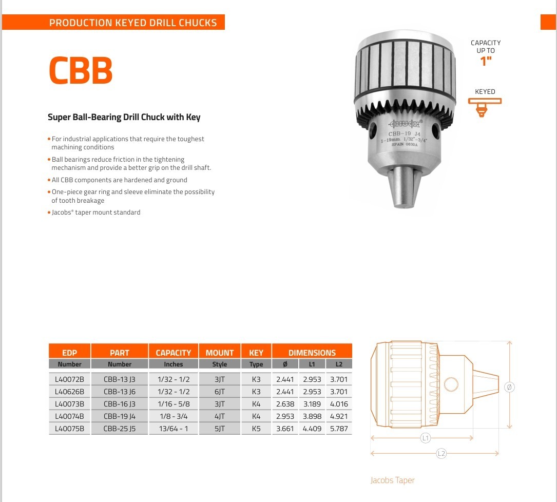 LLAMBRICH CBB-13 3JT, 1/16-1/2, 14N Super Ball Bearing Drill Chuck Copy & K3 Key