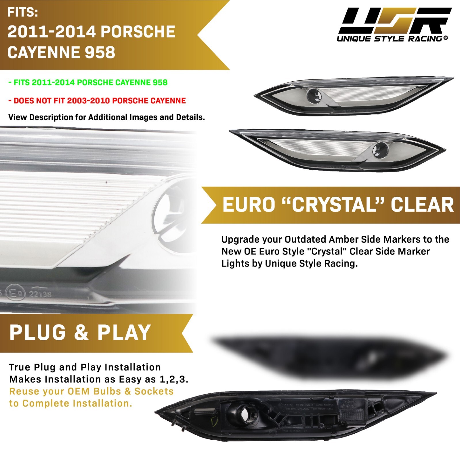 Euro CLEAR White-Out Bumper Side Marker Light Pair For 11-14 Porsche Cayenne 958