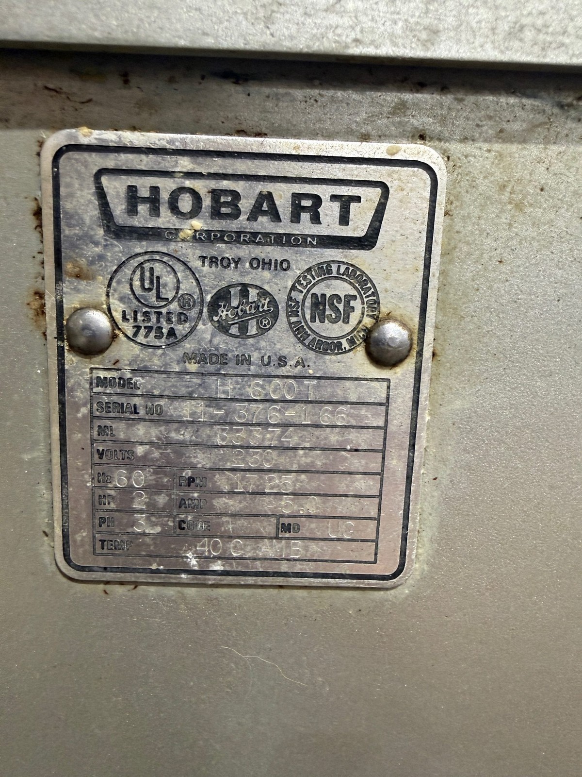 HOBART H600T COMMERCIAL 60 QT BAKERY DOUGH MIXER W/ BOWL, WHISK, HOOK and PADDLE