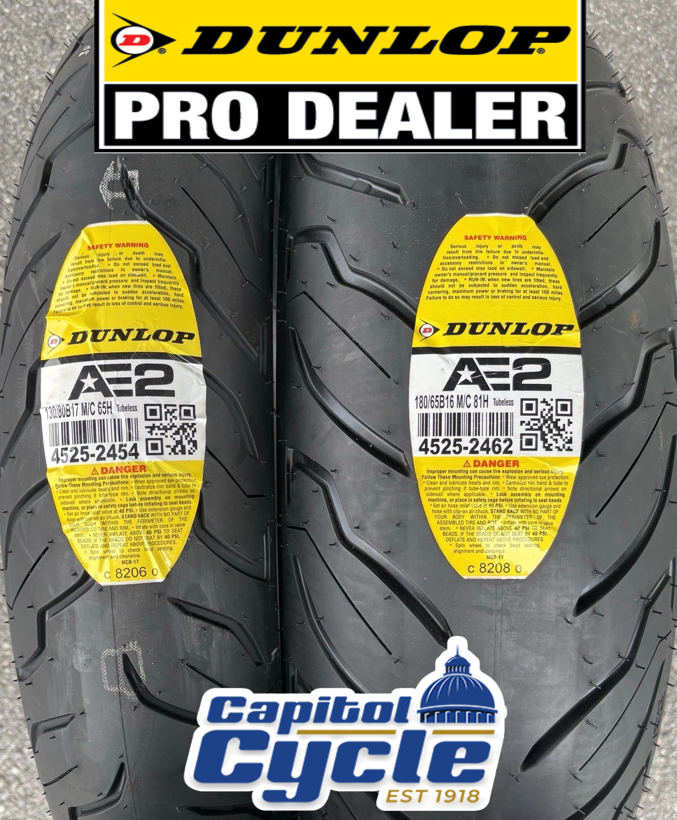 DUNLOP AE2 BLACKWALL HARLEY TIRE SET 130/80B17  180/65B16  2 TIRES