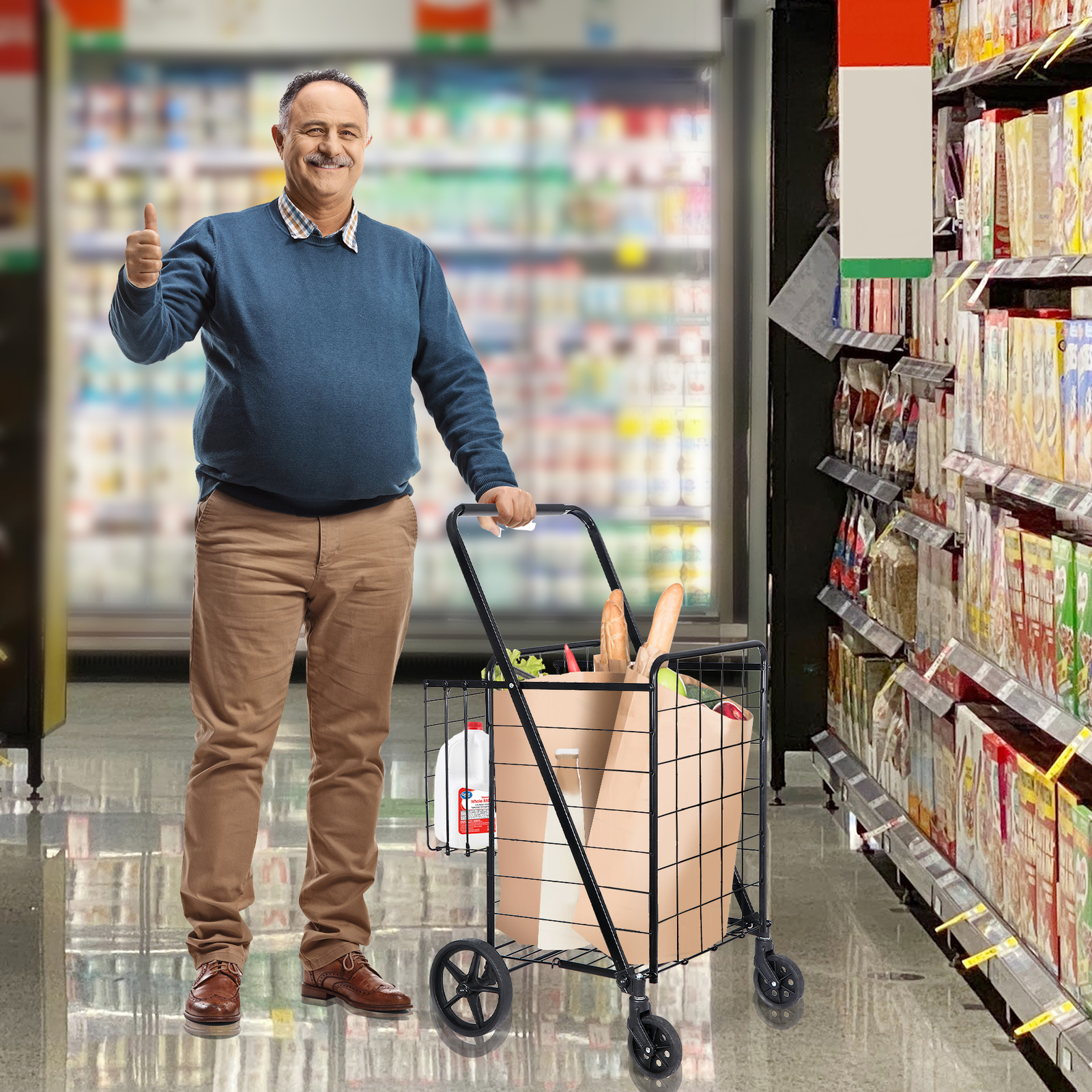 Portable Folding Shopping Cart Double Basket for Grocery Laundry W/Wheels Black