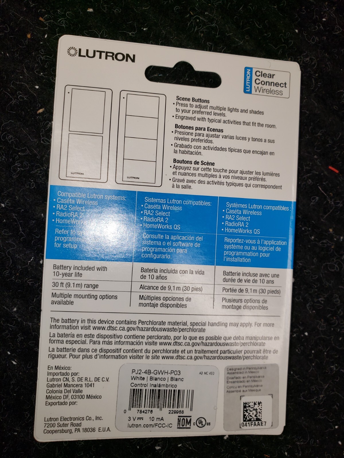 Lutron Pico Control - 4-Button Any Room RELAX Scene White PJ2-4B-GWH-P03 Caseta