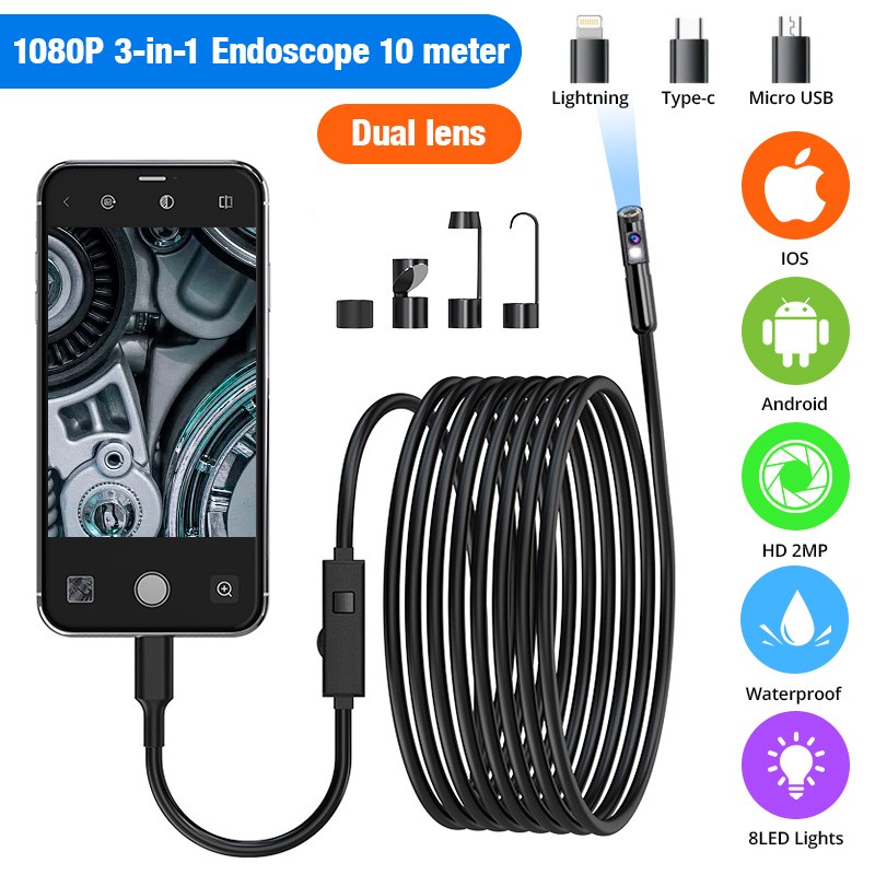 1920P HD Endoscope Borescope 8mm Inspection Snake Camera for iPhone Android iOS