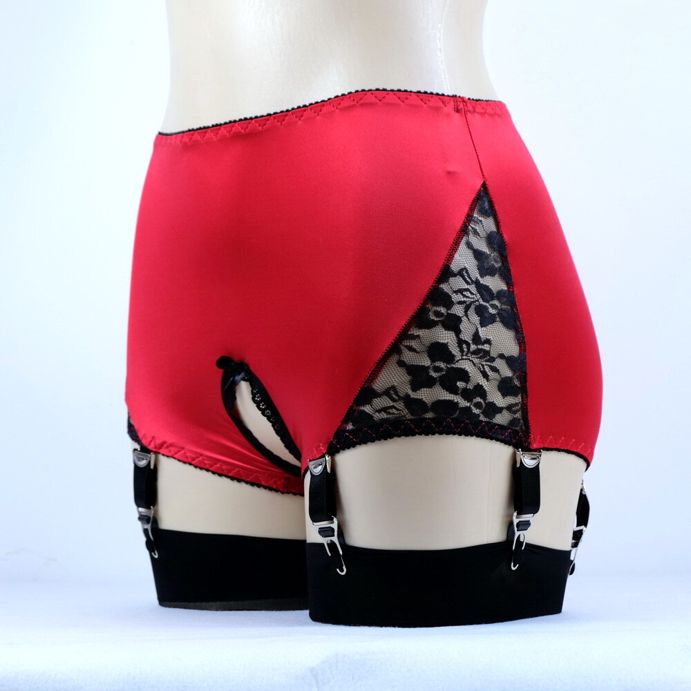 Luxallacki Crotchless Garter Panties 6 Straps Metal Clips Lace Satin Lingerie