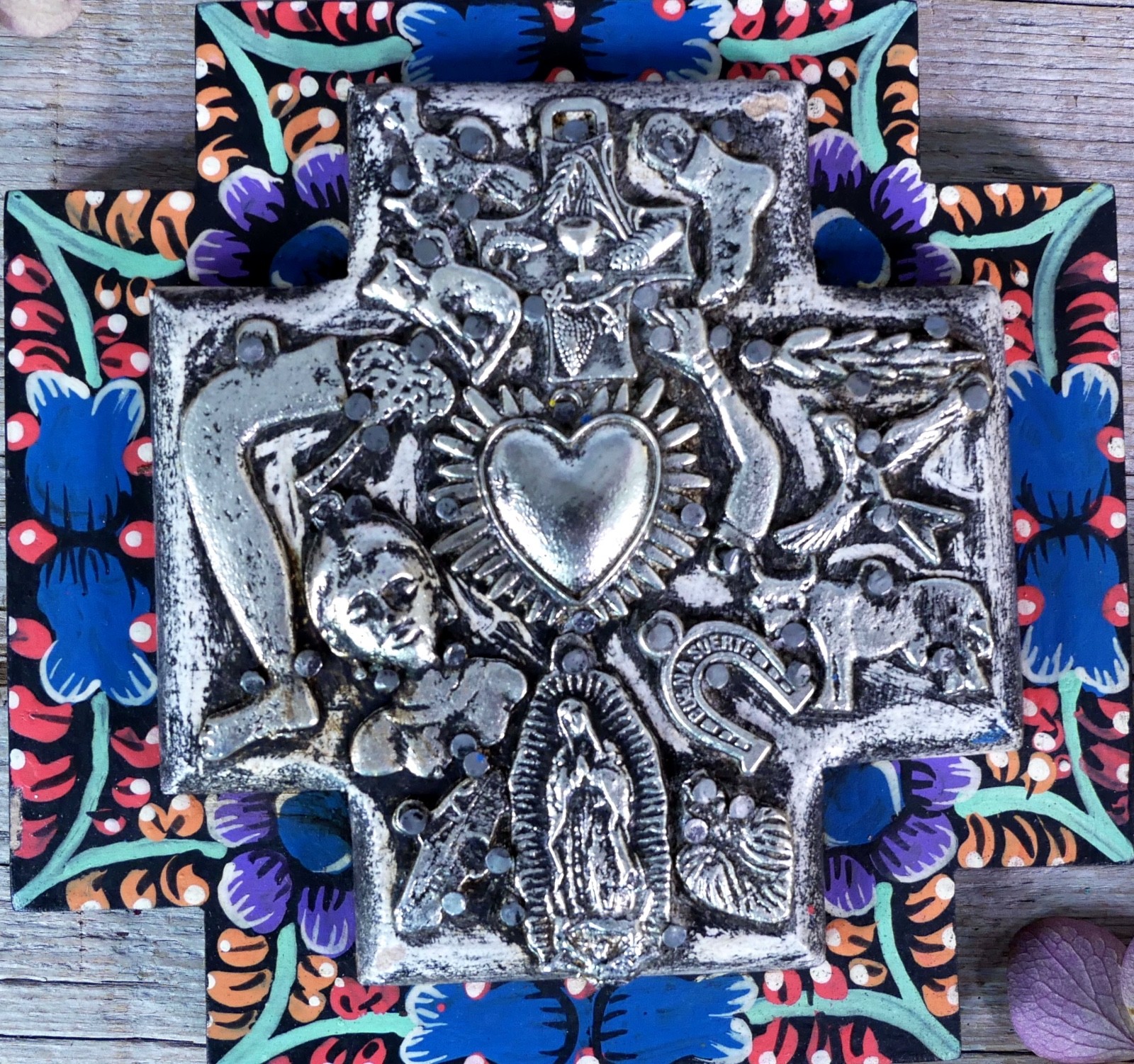 Greek Cross Wood Milagros Hand Painted Floral Boarder Handmade Mexican Folk Art