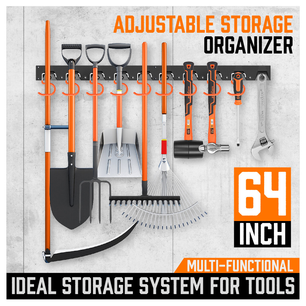64 Inch Garage Tool Organizer Wall Mount Hooks Adjustable Storage Holders Garden