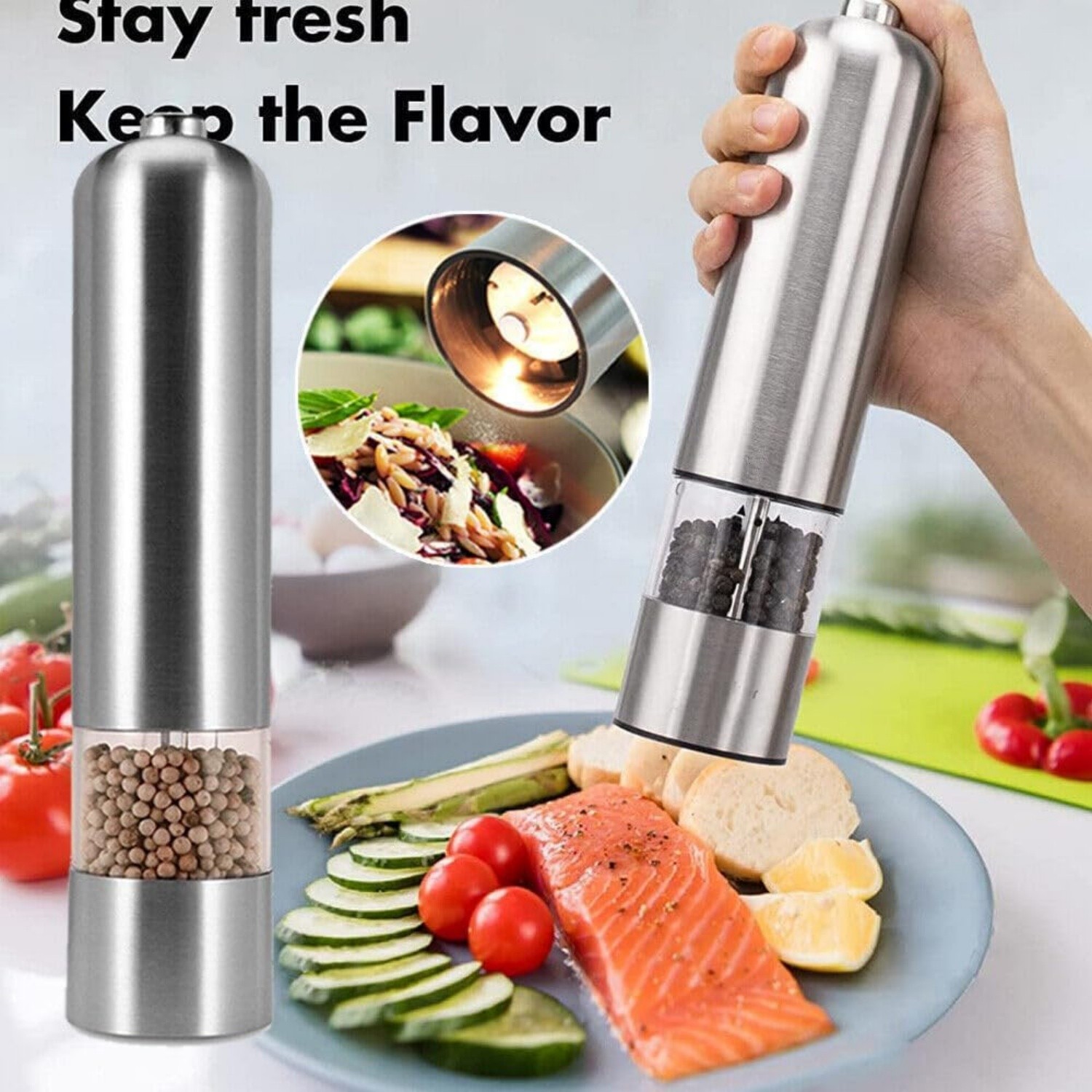 2x Light Up Electric Salt & Pepper Mill Stainless Steel Electronic Grinder Pots