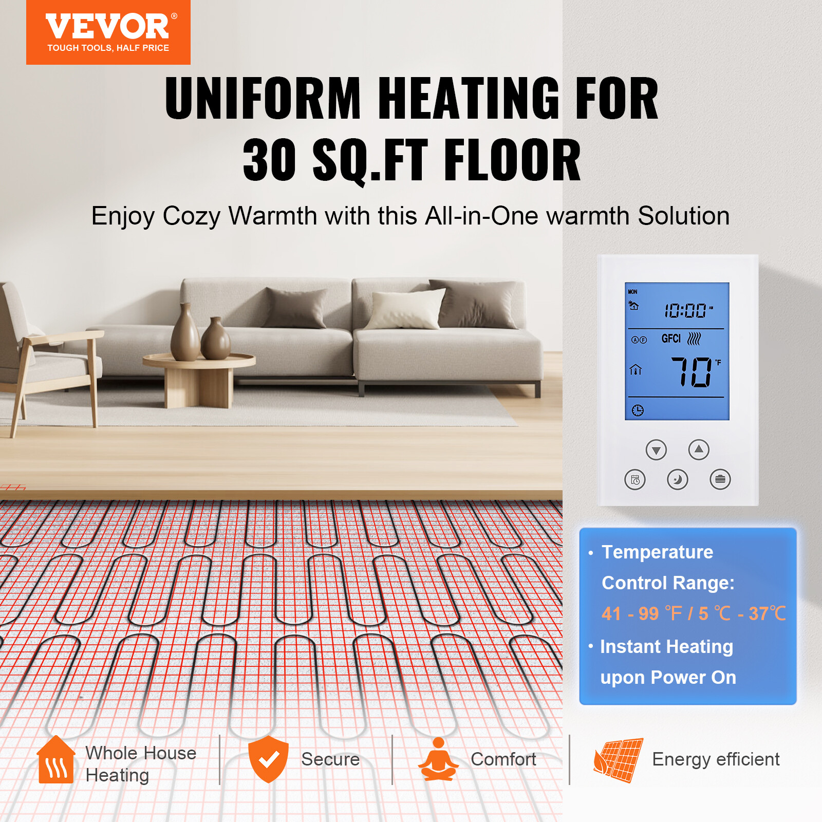 VEVOR 30sqft Electric Radiant Floor Heat System Floor Heat Mat with Thermostat