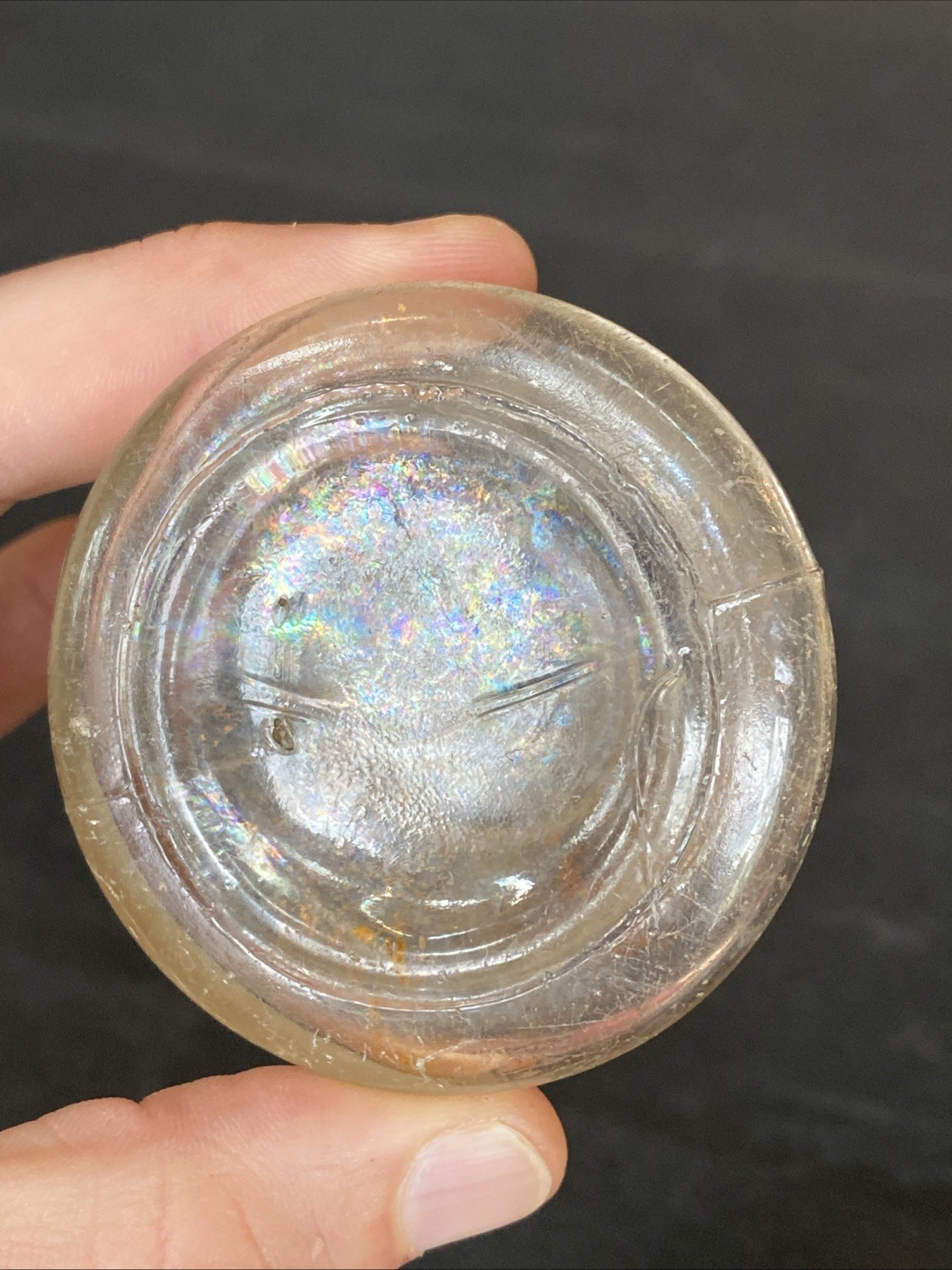 Antique Iridescent Clear Sheered Lip Cone Ring Shoulder 19th C Ink Well Bottle