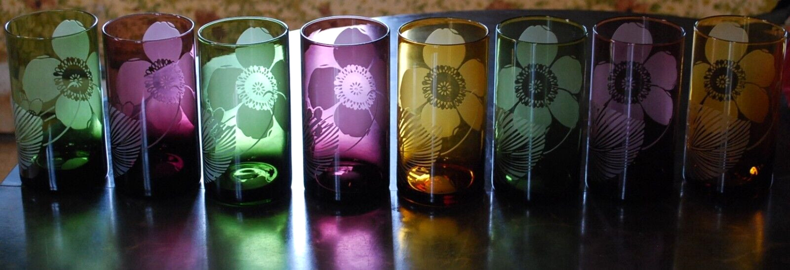 Vtg Set 8 PIER 1 Tumbler Glasses ETCHED FLOWER Hand Blown 6" Multicolor 20 Ounce