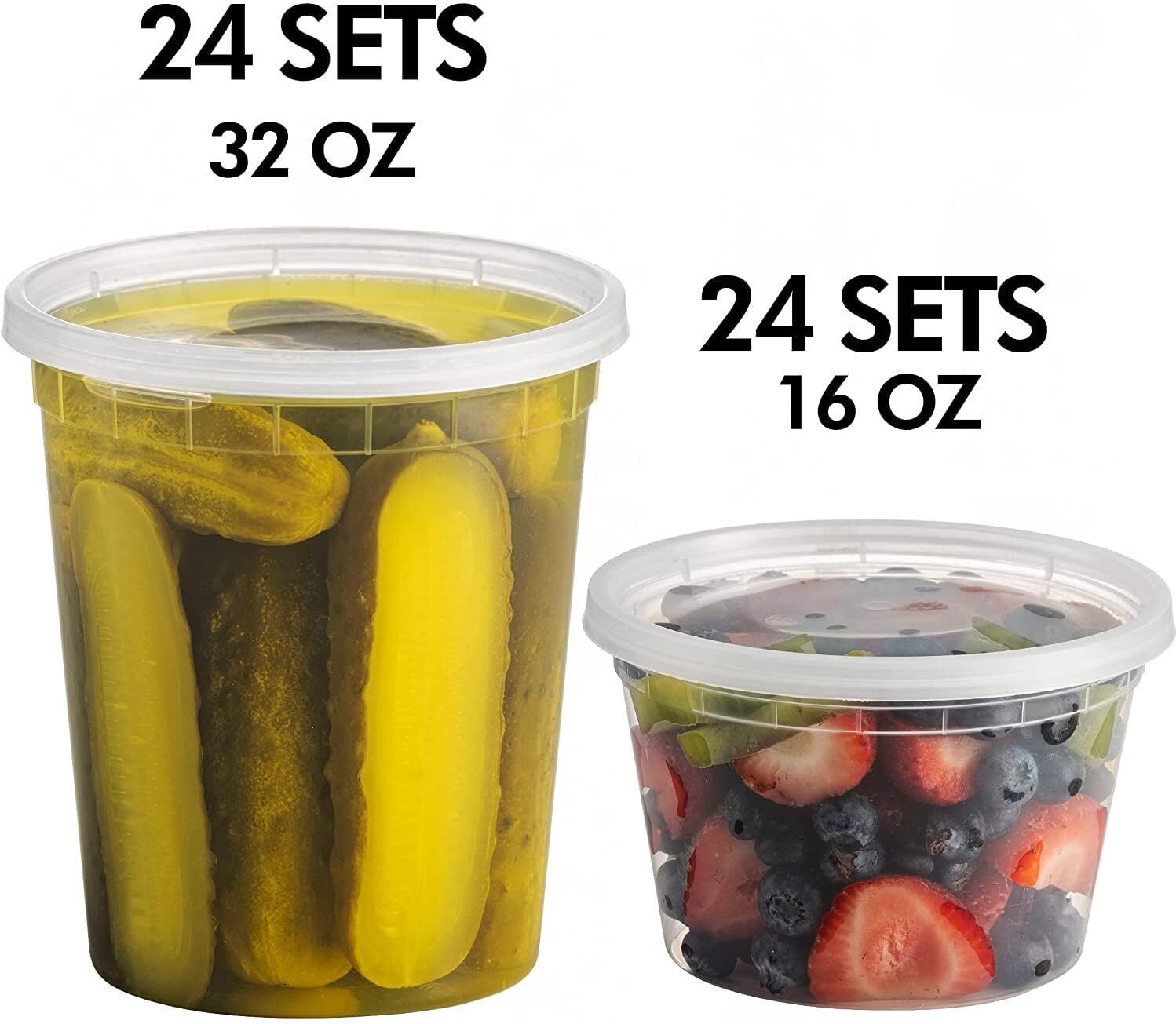 Food container with 54 lids -24-32 oz quart size and 24-16 oz pint size