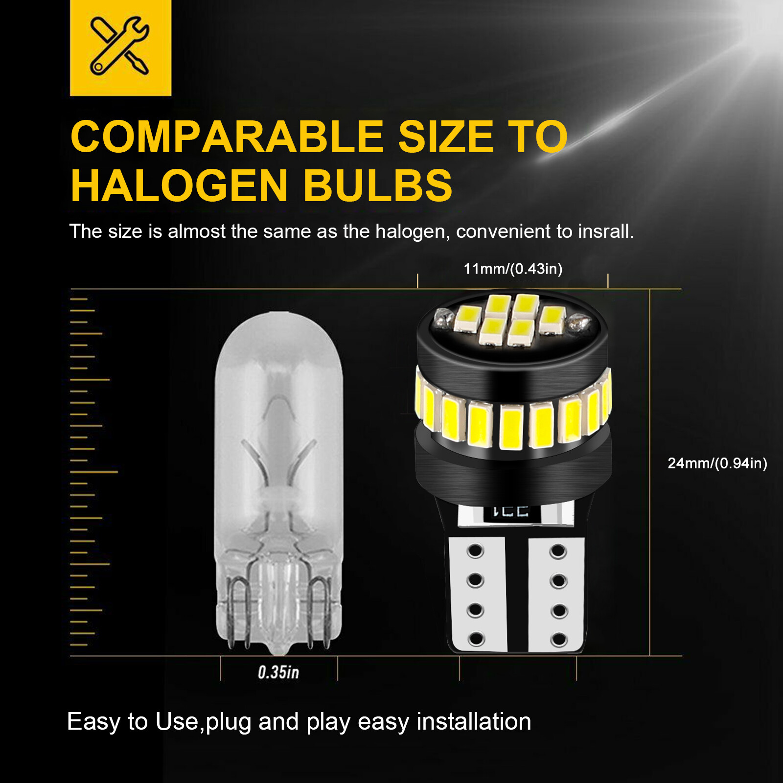 10PCS T10 194 168 24SMD LED Interior Light Bulbs Super Bright Canbus Xenon White