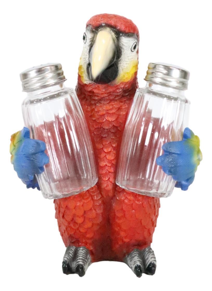 Red Scarlet Macaw Parrot Wine Bottle And Salt Pepper Shakers Holder Figurine Set