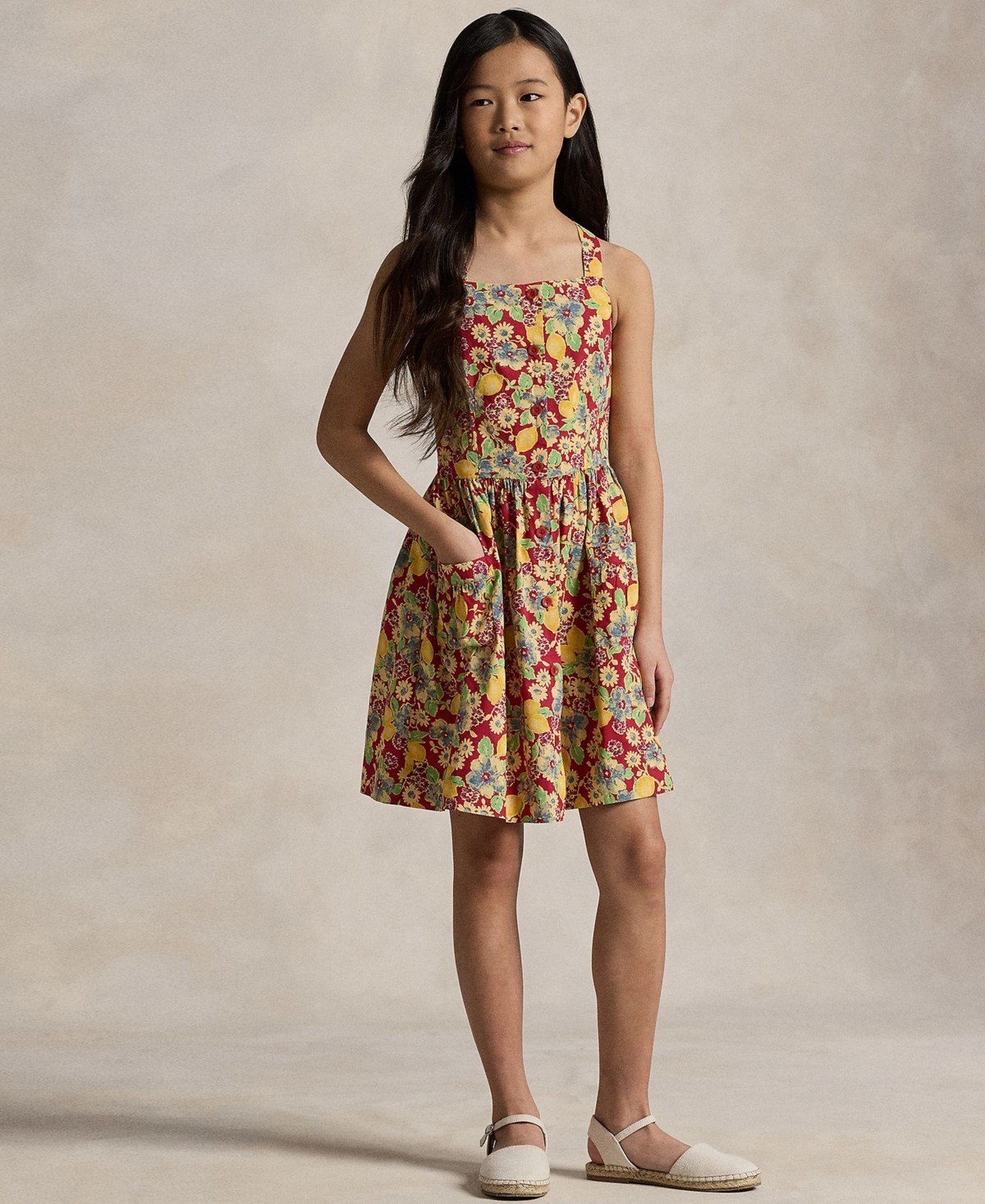 Polo Ralph Lauren Lemon-Floral Slub Dress Big Girls 16 Multicolor Square Neck