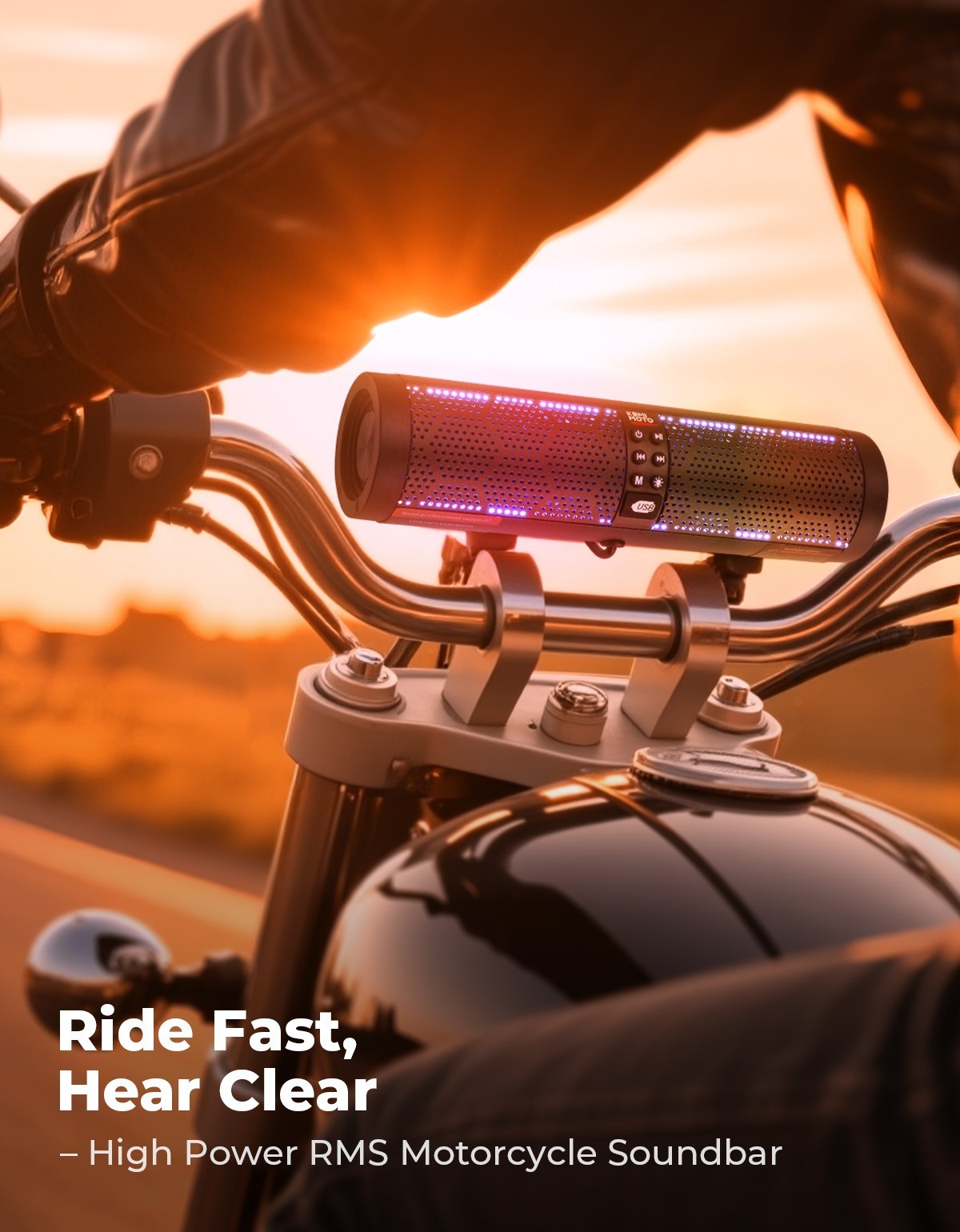 4-Speaker Motorcycle Sound Bar Bluetooth USB Audio System for 7/8-1.2" Handlebar