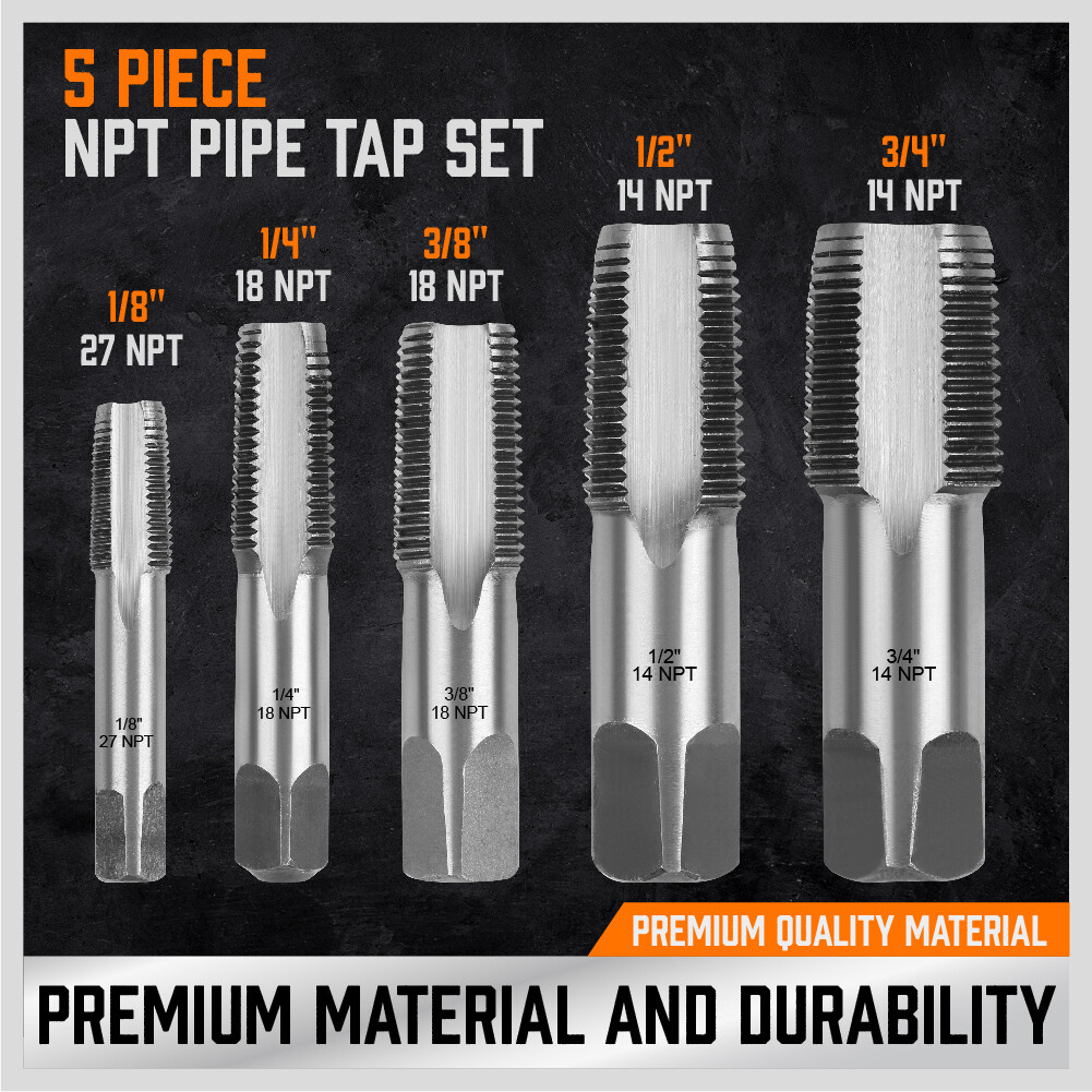 5 Pcs NPT Pipe Tap Set 1/8" 1/4" 3/8" 1/2" and 3/4" With Case Carbon Steel Inch