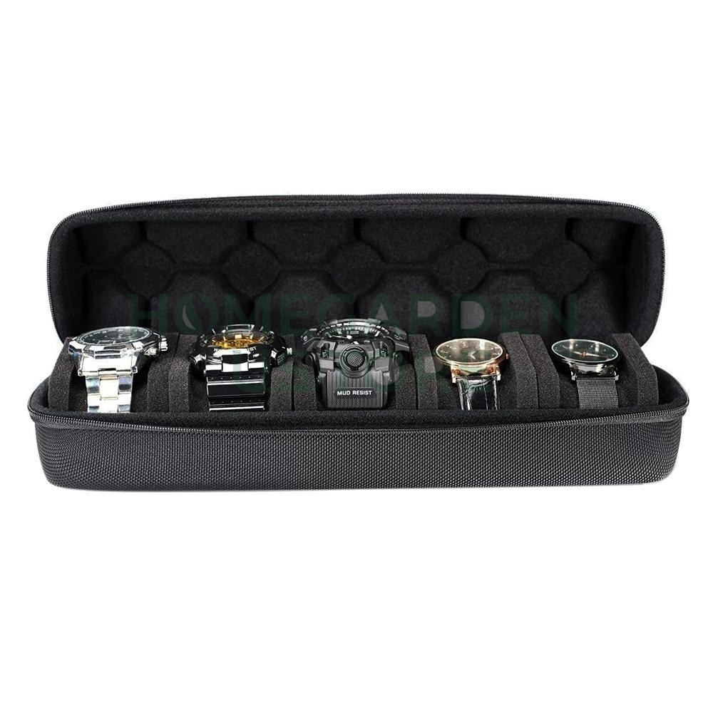 5-Compartment Portable Watch box - With Handle, Flip-Top Lid, and Soft Lining