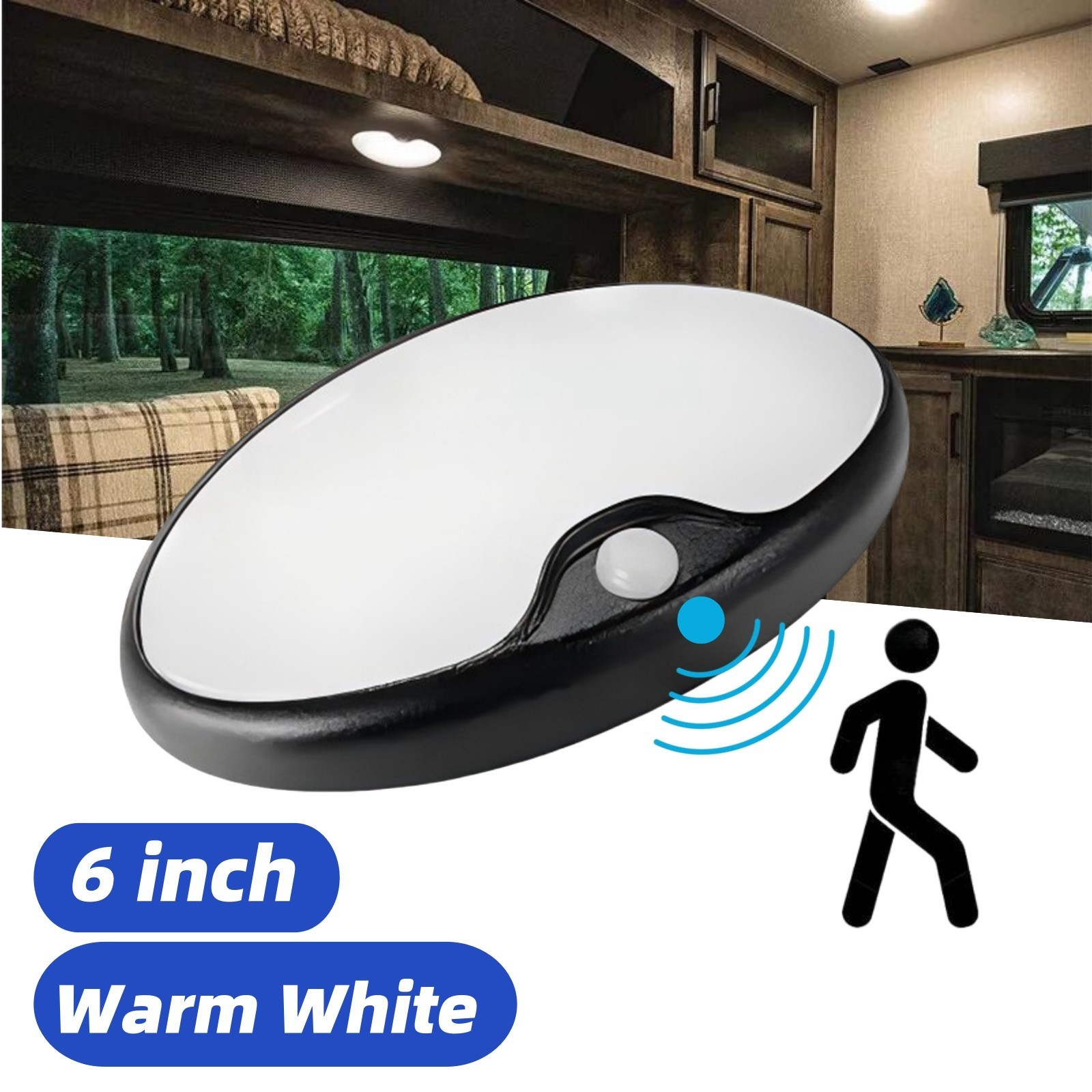 12V 6" Black LED Motion Sensor Light RV Boat Ceiling Down Light Fixture Switch