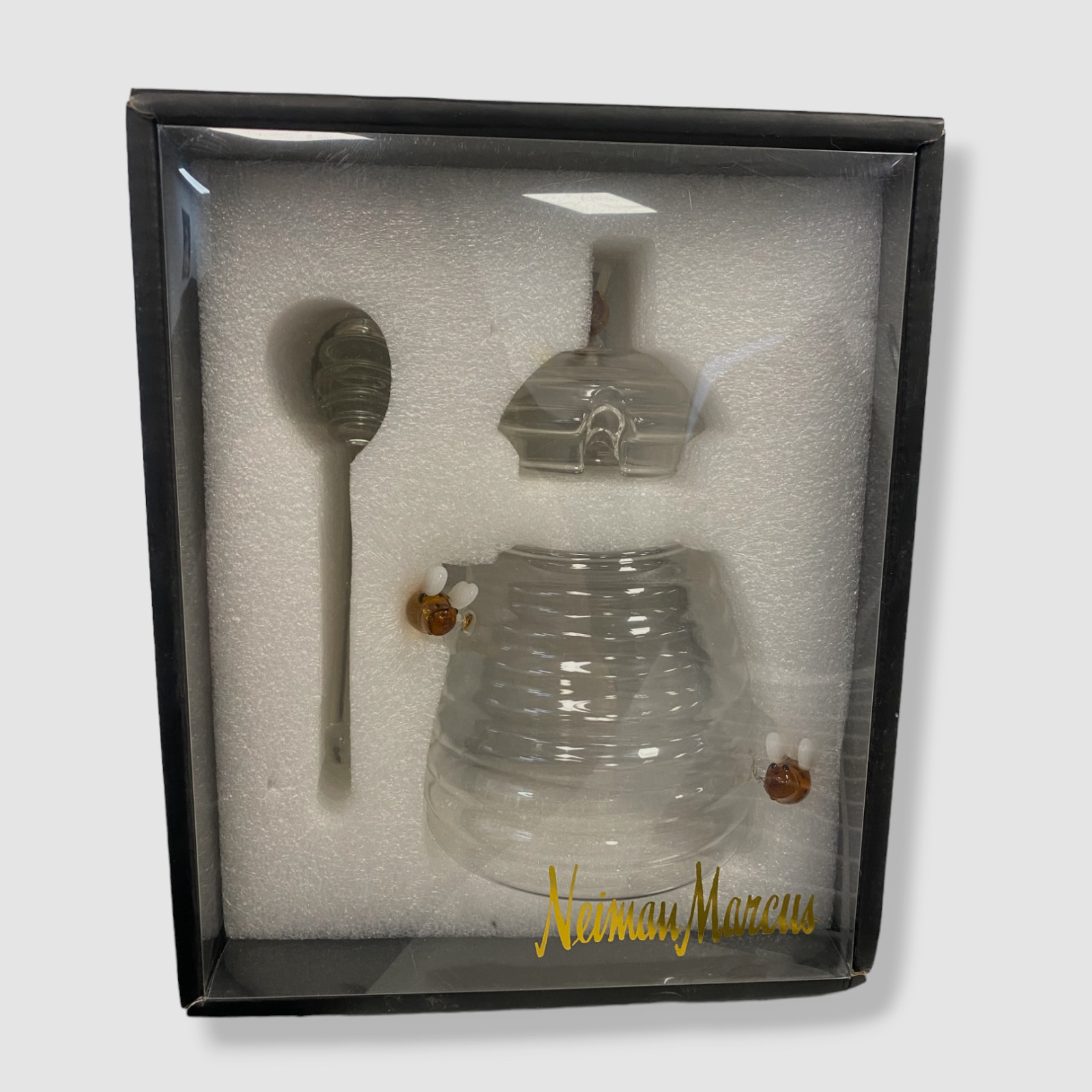 $42 Neiman Marcus Botanical Clear Glass Lid Bee Kitchen Handcrafted Honey Jar