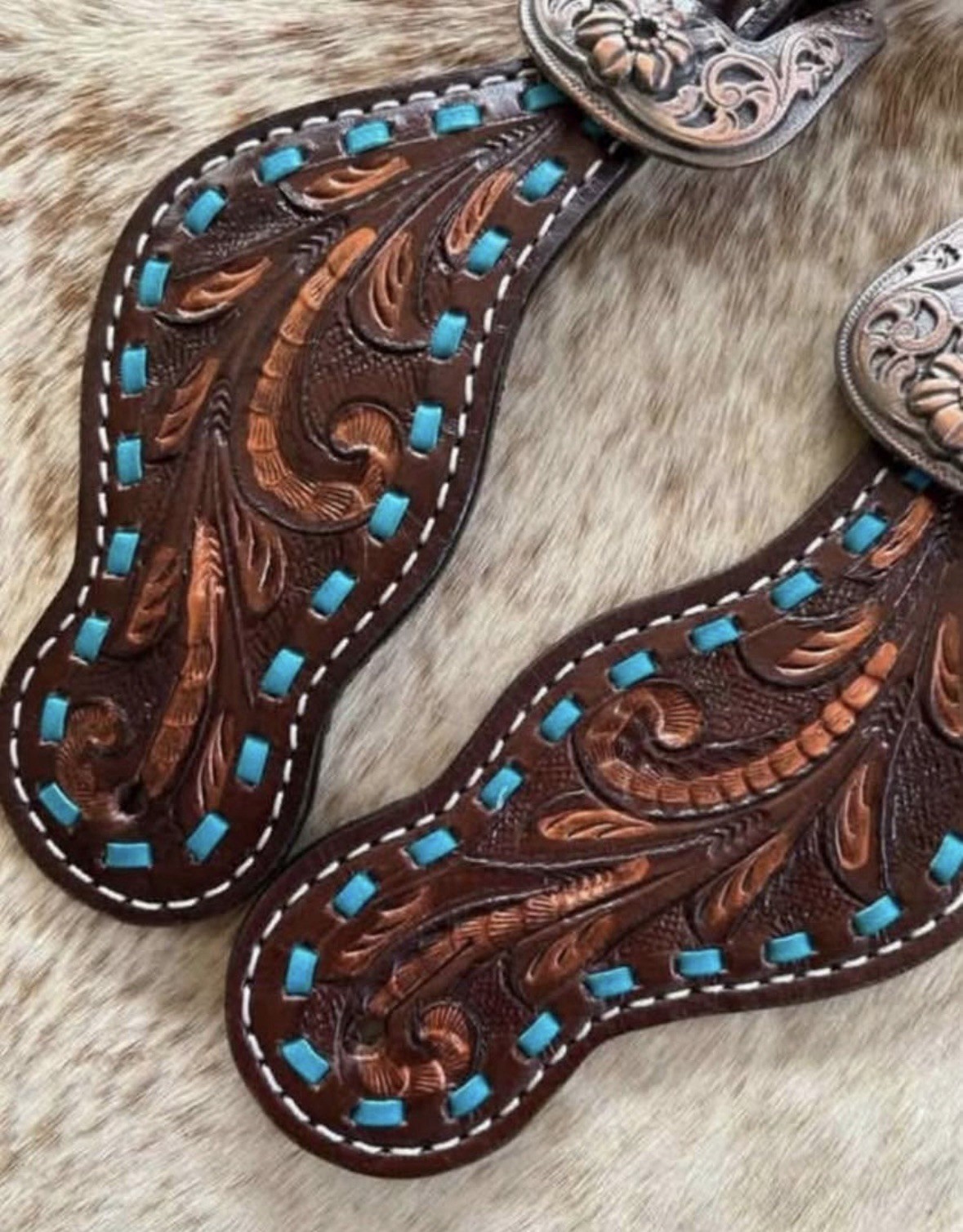 Ladies Size Pair Leather Teal Buckstitch Western Spur Straps