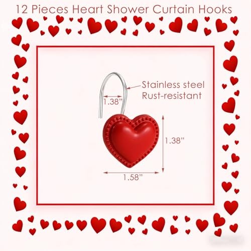 12PCS Red Heart Shower Curtain Hooks Valentine's Day Bathroom Decorative,