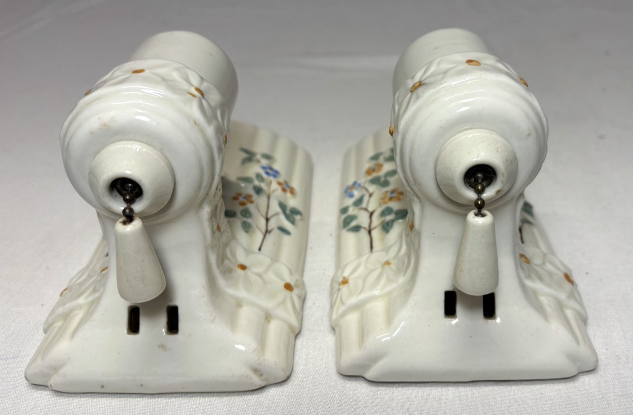 Vtg Porcelain Wall Sconce Pair Bathroom Light Fixture Floral Art Deco USA #L58