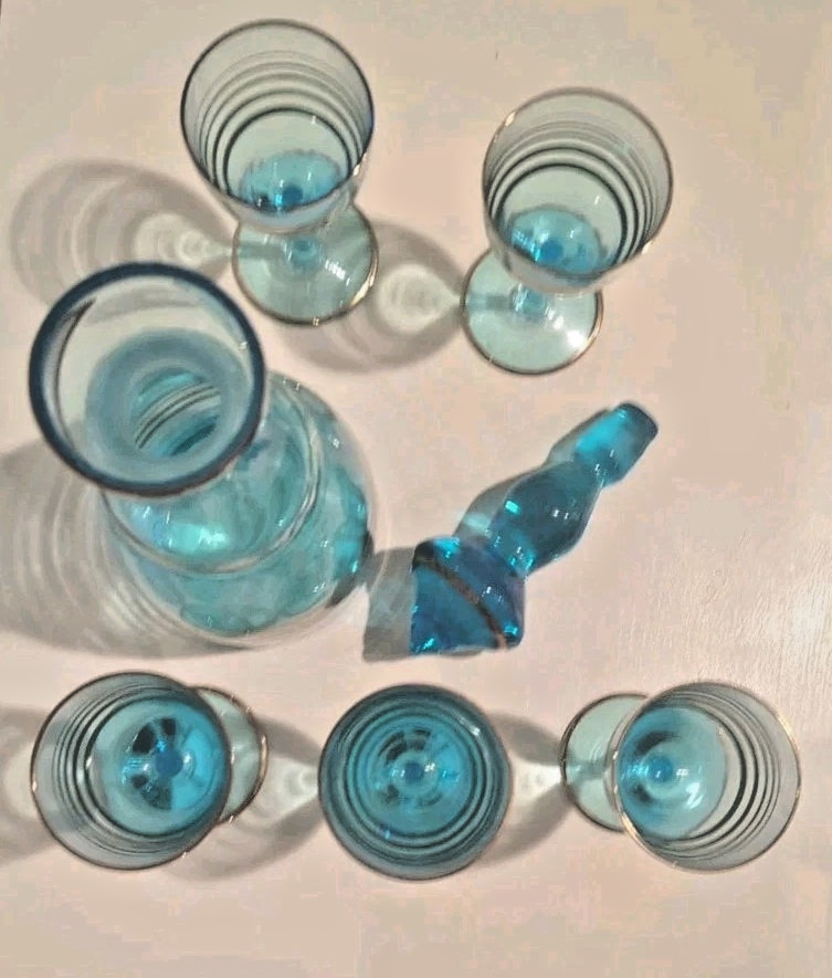 MCM Vintage Teal Blue & Gold Romanian Glass Decanter 4 Cordial Glasses 7 pc Set