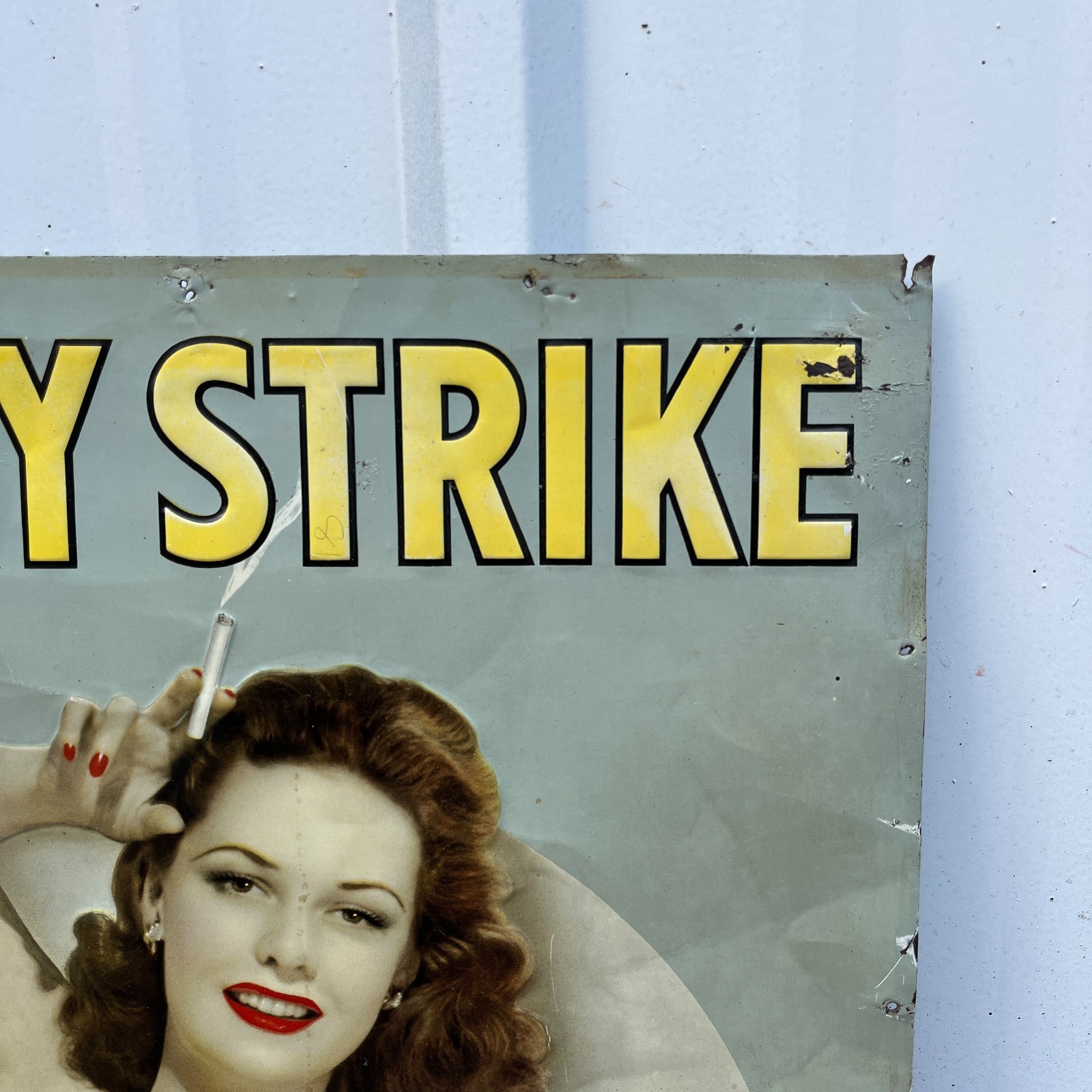 RARE 1940's Lucky Strike Cigarettes Pin Up Embossed Tin Tacker Metal Sign