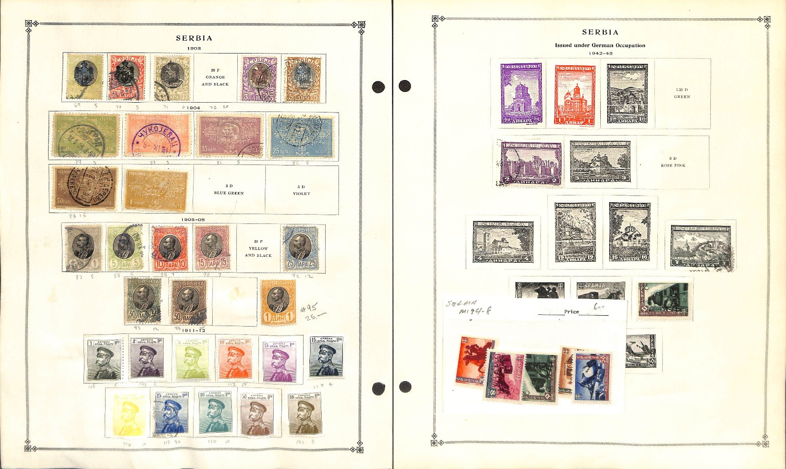Serbia Stamp Collection on 6 Scott International Pages, 1869-1943 (BA)