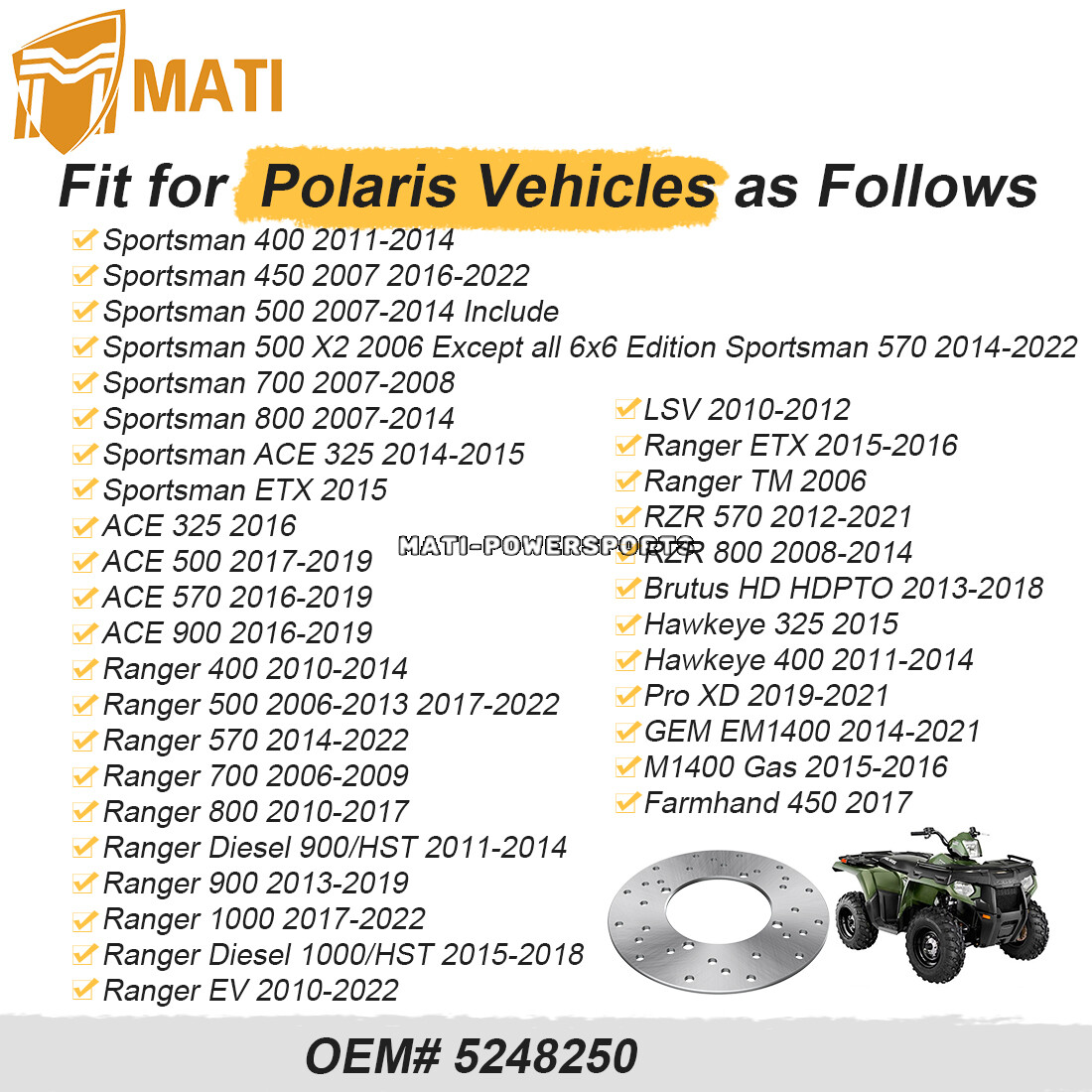 Rear Brake Disc Rotor for Polaris Ranger 400 500 570 700 800 900 1000 EV Diesel