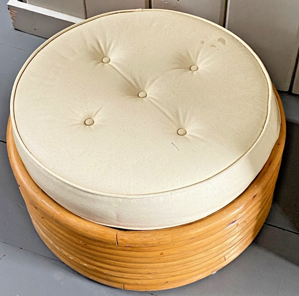 MCM Stacked 9 Band Bent Rattan Bamboo Ottoman Footstool Cushion Vtg Mid-Century