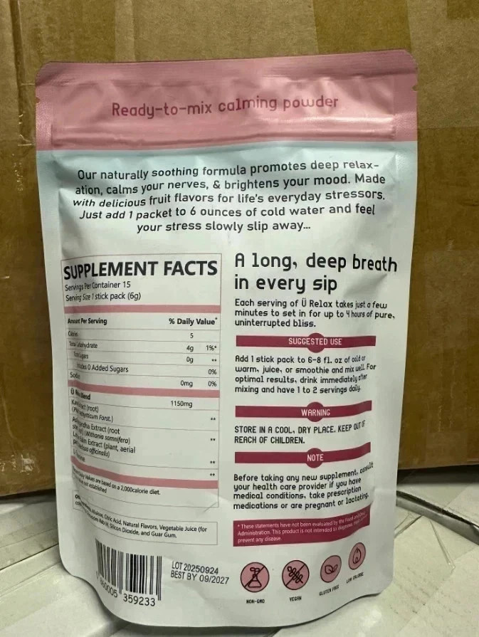 U Relax Calming tonic- 15 Packets MIXED BERRY flavor relax calming drink NEW