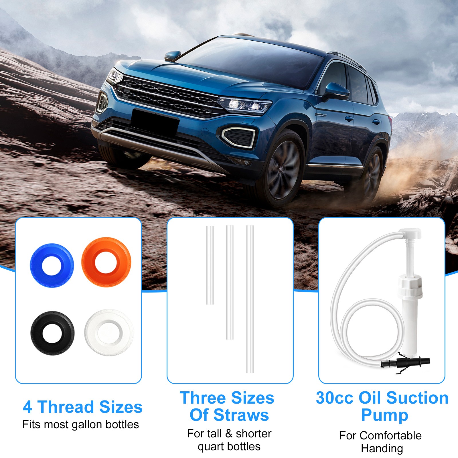 30cc Hand Oil Transfer Pump W/ 4 Cap Threads Adapters for Gallon & Quart Bottles