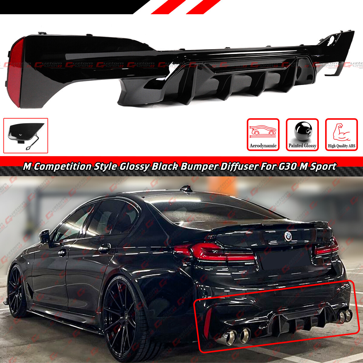 For 17-23 BMW G30 5 Series M Competition Style Gloss Black Rear Bumper Diffuser