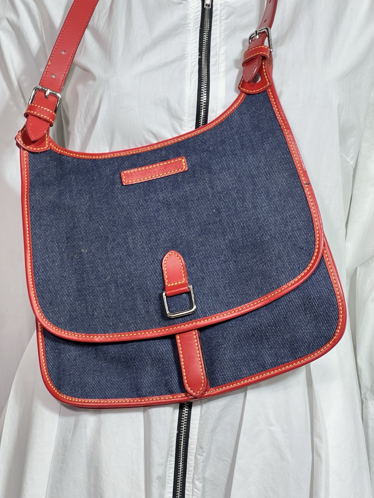 Vintage Dooney & Bourke Blue Denim Saddle Bag Red Leather Trim Messenger Handbag