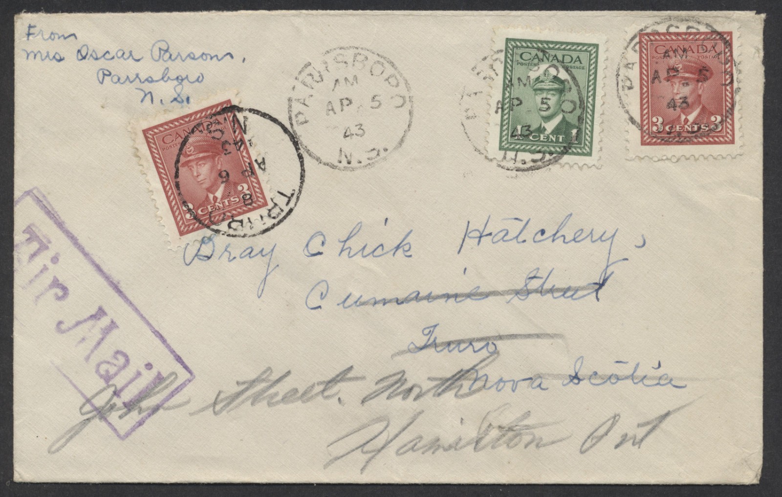 1943 Two Covers to Bray Chicks Truro NS Uprated 3c For Airmail to Hamilton ONT