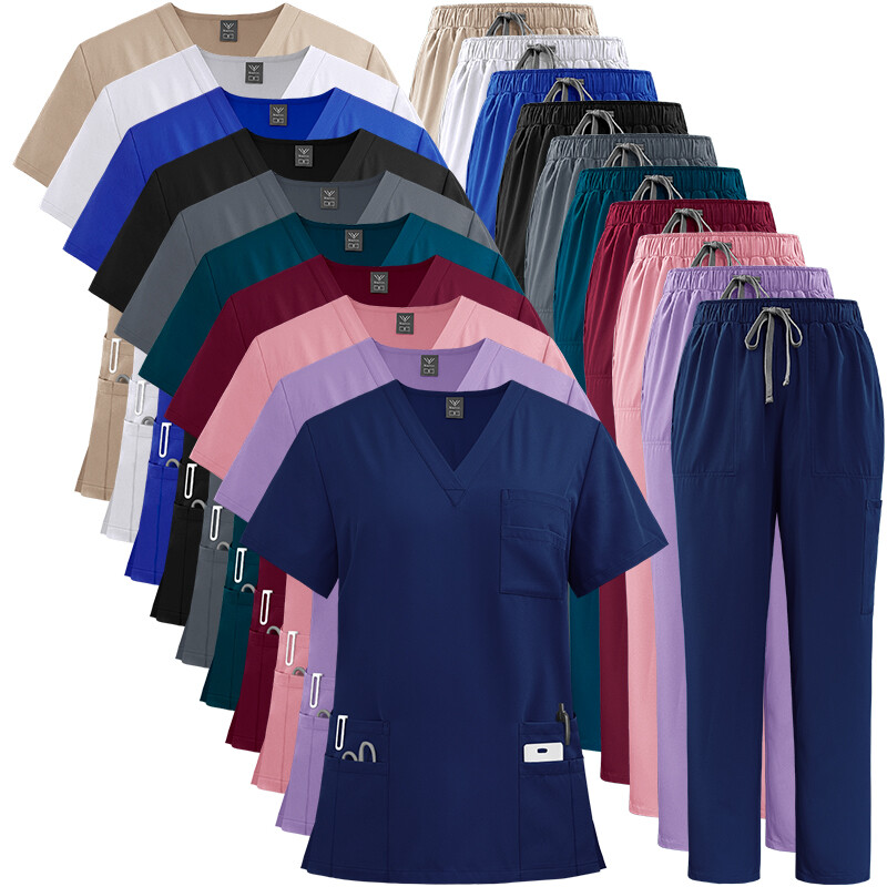 New Nurse Uniform Women Men Scrub Set V-Neck Top Straight Cargo Pants Summer