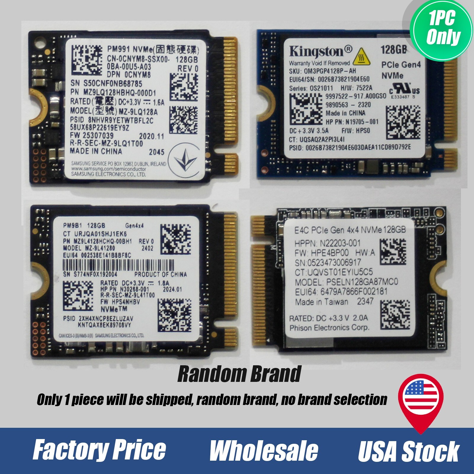 Samsung/Kioxia/Kingston 2230 NVMe M.2 SSD 128GB/256GB/512GB – Random Brand