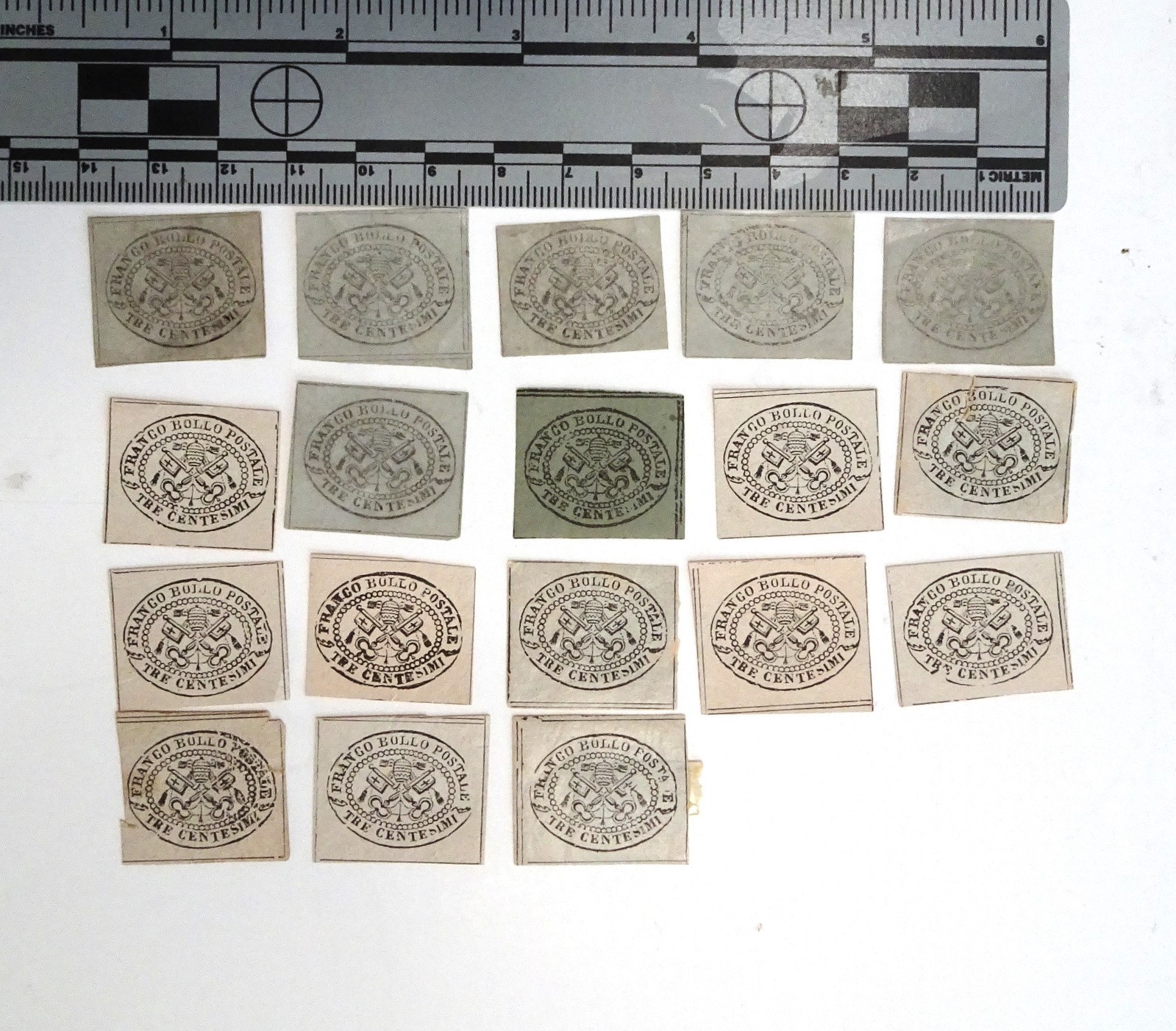 18 Roman States stamps imperforated three cent, unused
