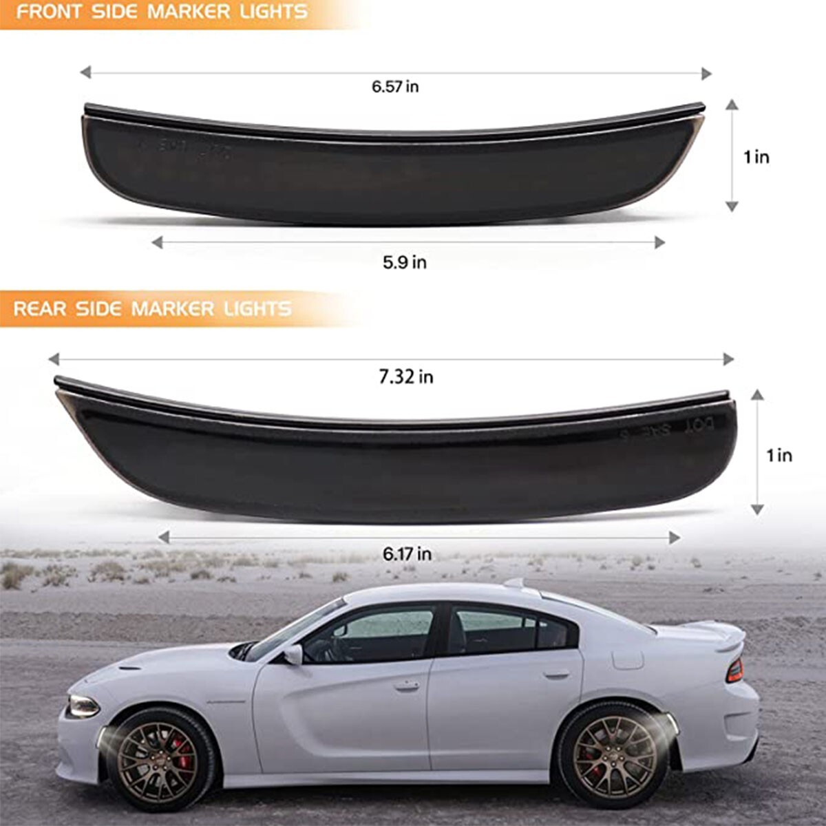 For 2015-2023 Dodge Charger White Front Rear LED Side Marker Light Smoked Lens