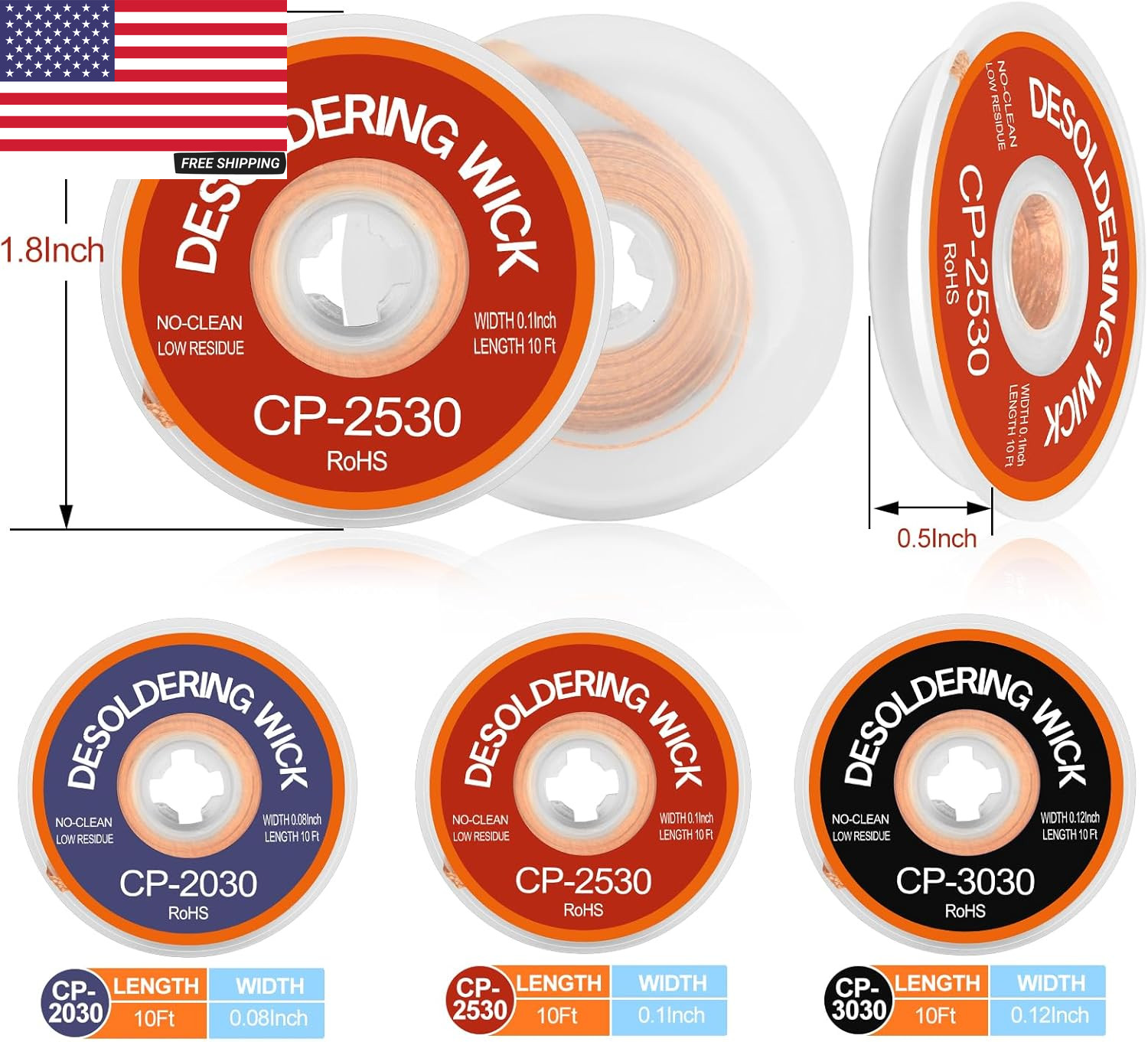 3PCS Premium Desoldering Wick - 3 Sizes Solder Wick Braid (0.08", 0.1", 0.12" X