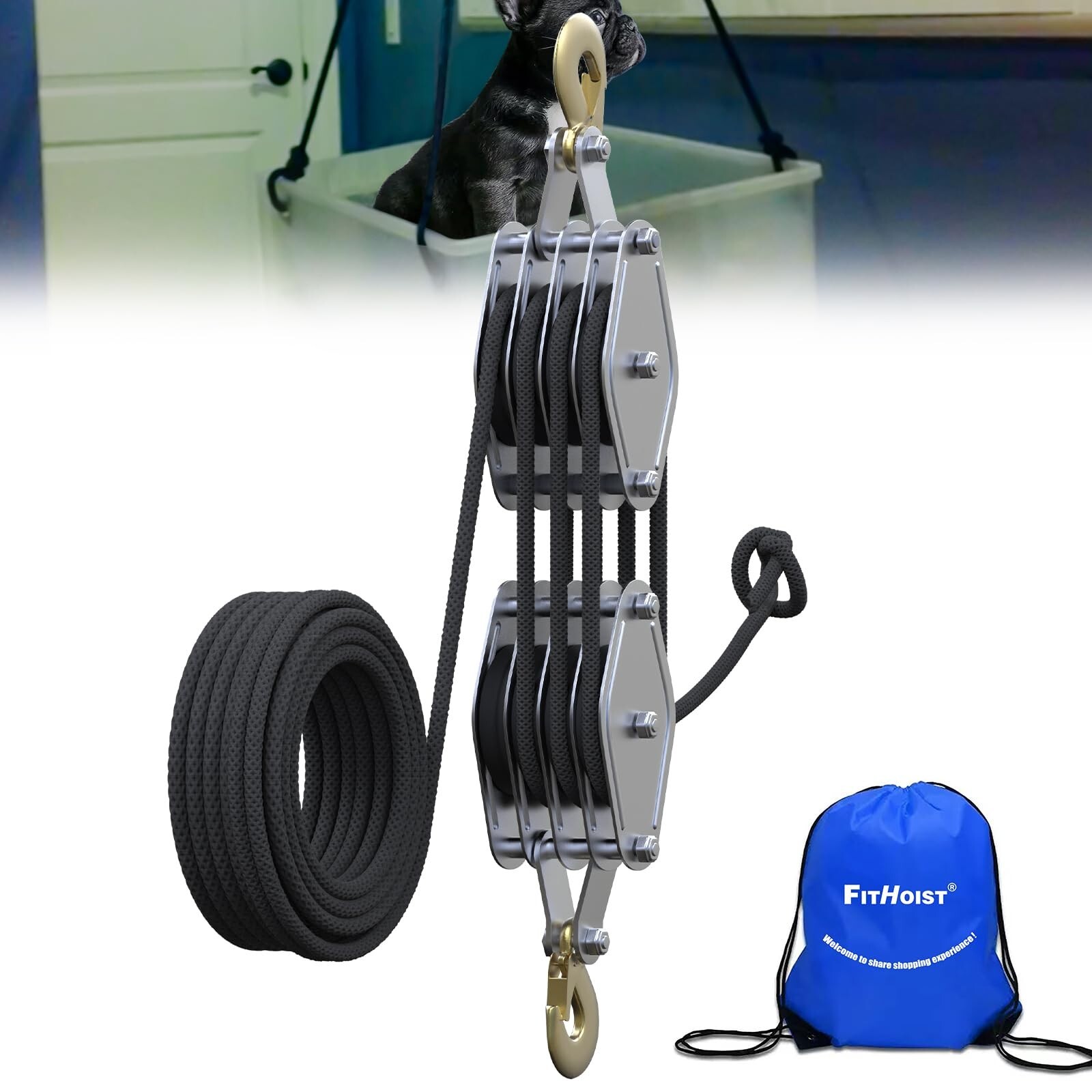 Block and Tackle 4400 LB Breaking Strength Heavy Duty Pulley, 65 Ft Rope Pulley