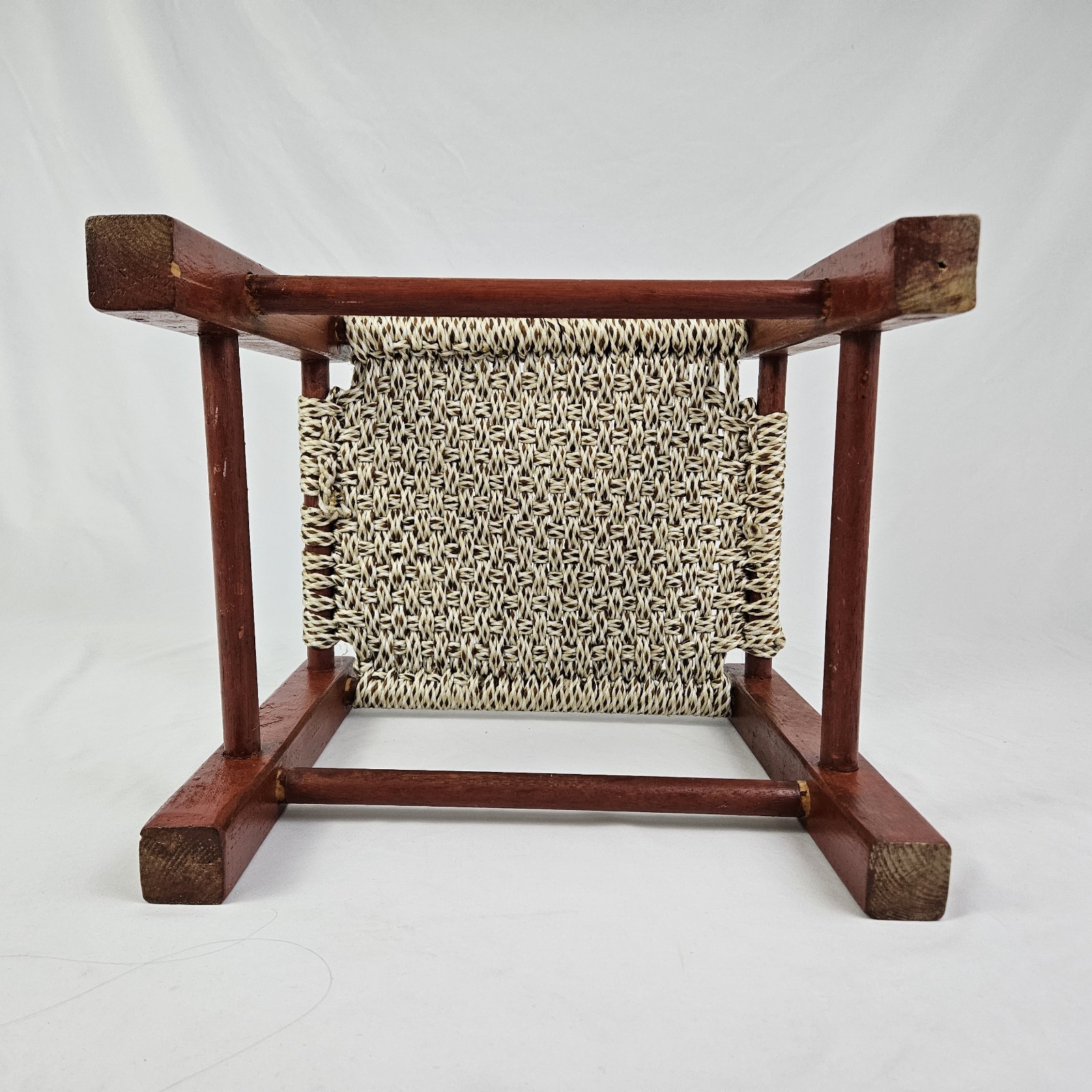 Vintage MCM Mission Footstool Stool Weaved Rope Macrame Top Arts & Crafts